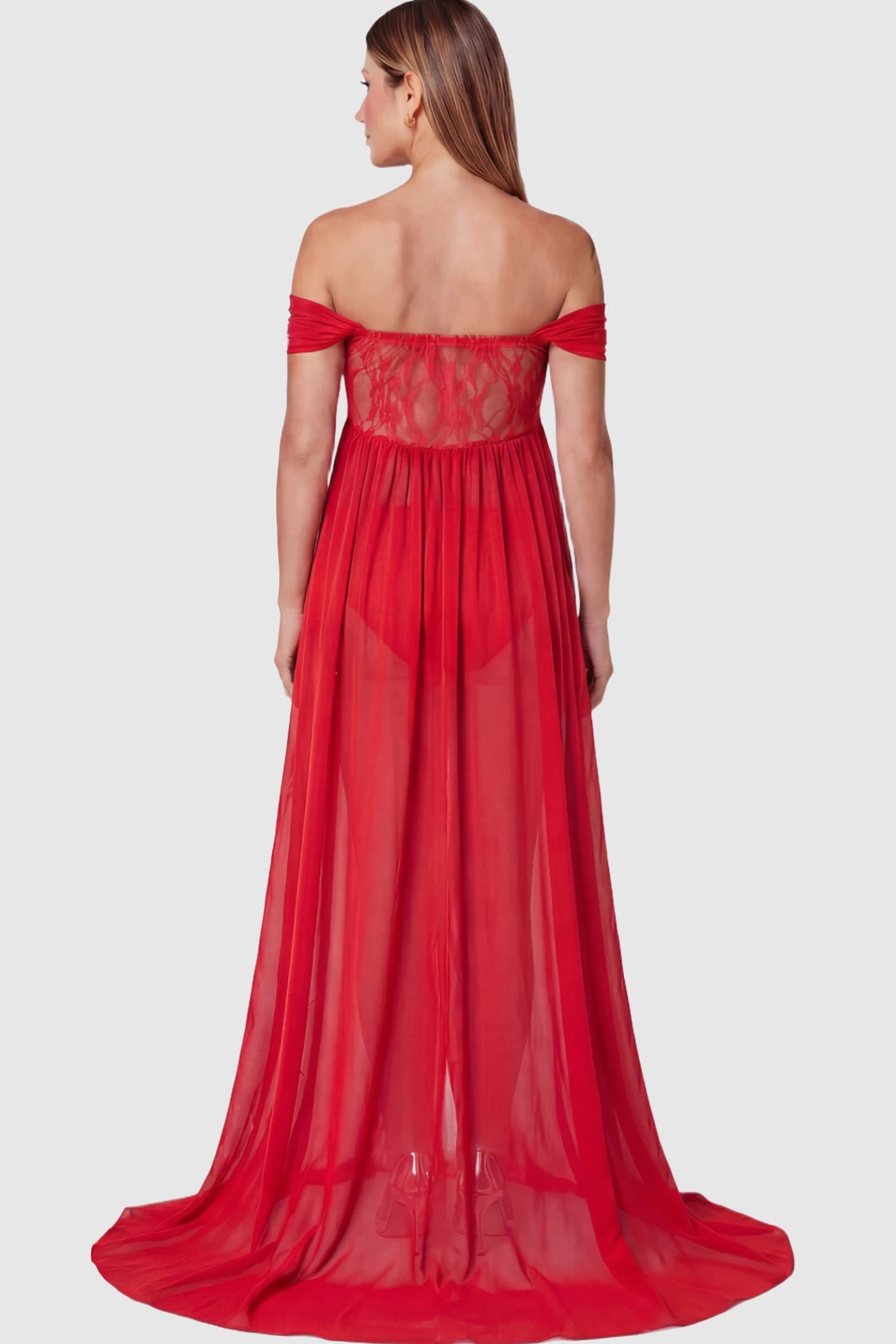 Lace Off Shoulder Slit Front Maternity Photoshoot Gown Lace Off Shoulder Slit Front Maternity Photoshoot Gown in red on a pregnant model.
