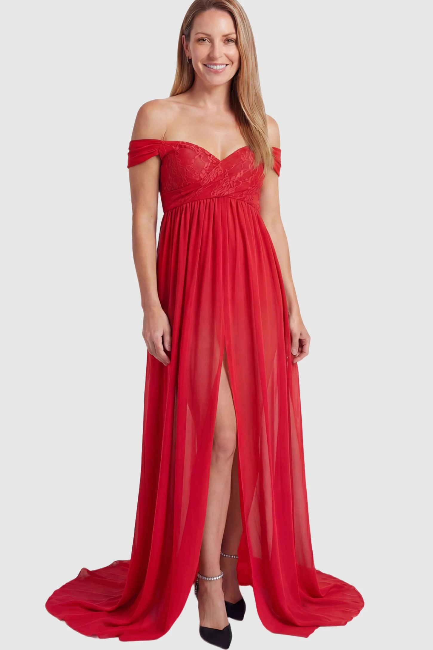 Lace Off Shoulder Slit Front Maternity Photoshoot Gown Lace Off Shoulder Slit Front Maternity Photoshoot Gown in red featuring a flowy chiffon opening on a postpartum model.