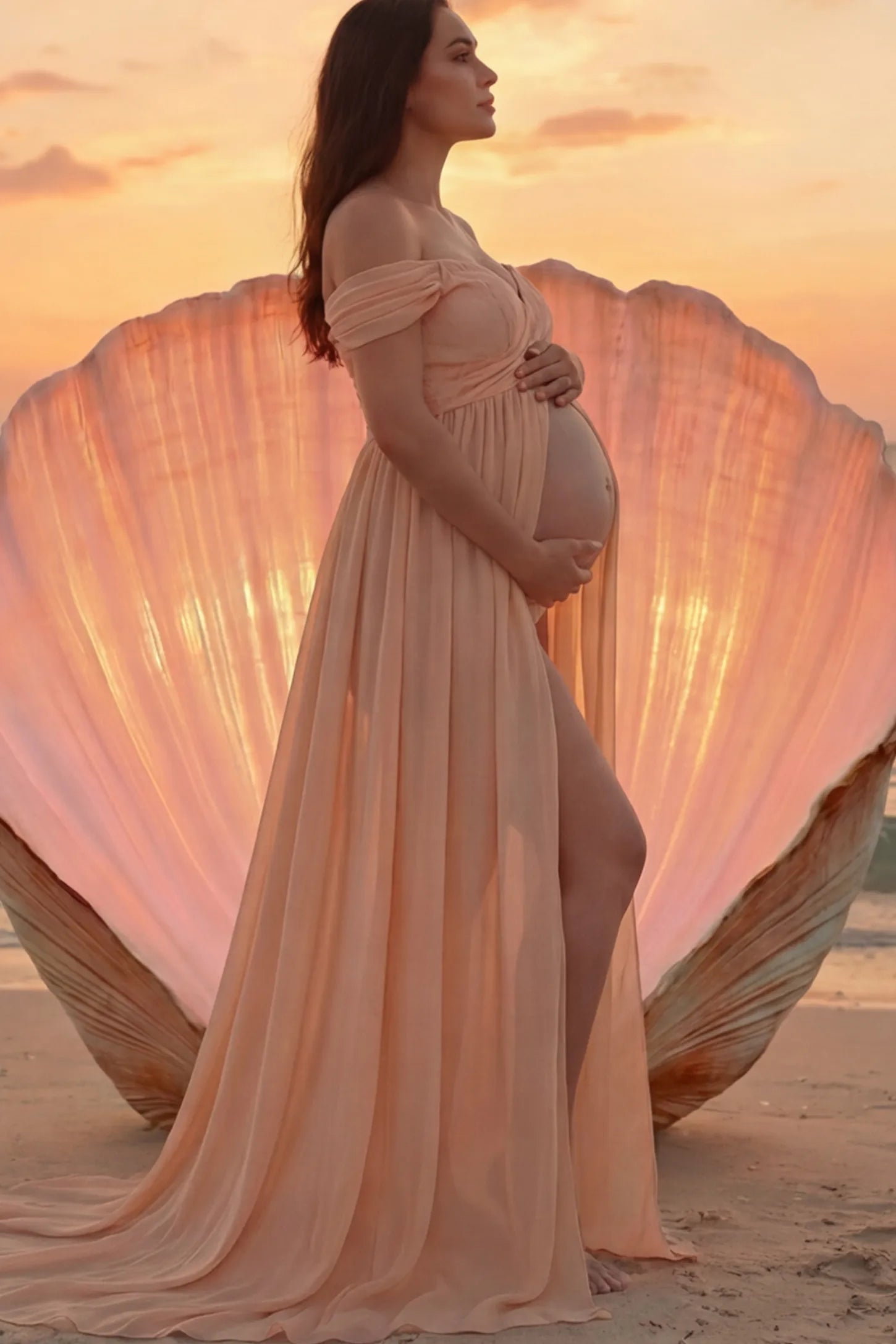 Lace Off Shoulder Slit Front Maternity Photoshoot Gown Lace Off Shoulder Slit Front Maternity Photoshoot Gown in light peach featuring a flowy chiffon opening on a pregnant model.