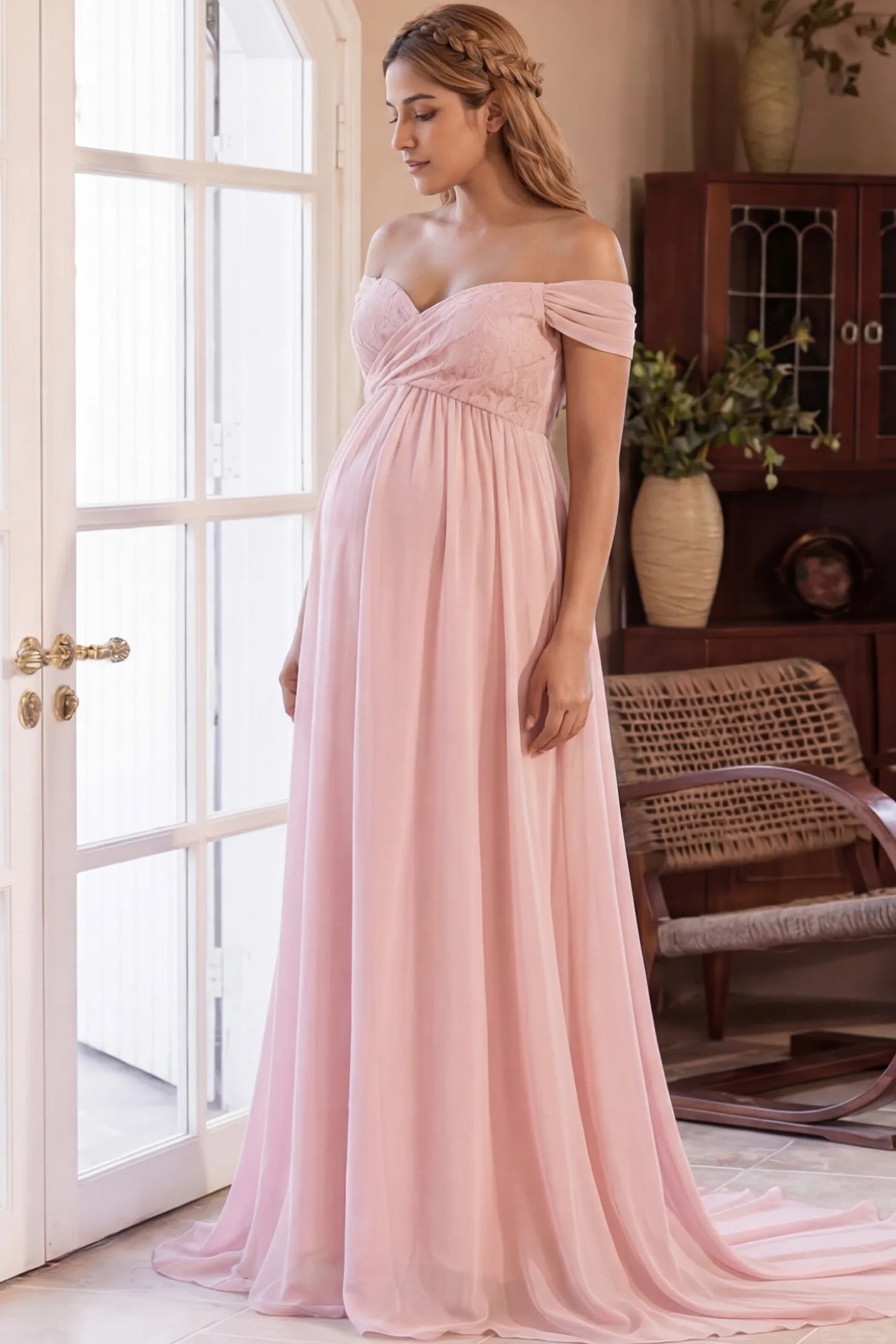 Lace Off Shoulder Slit Front Maternity Gown Lace Off Shoulder Slit Front Maternity Gown in Fruit Pink featuring off shoulder and high slit front on a pregnant woman during outdoor photoshoot.