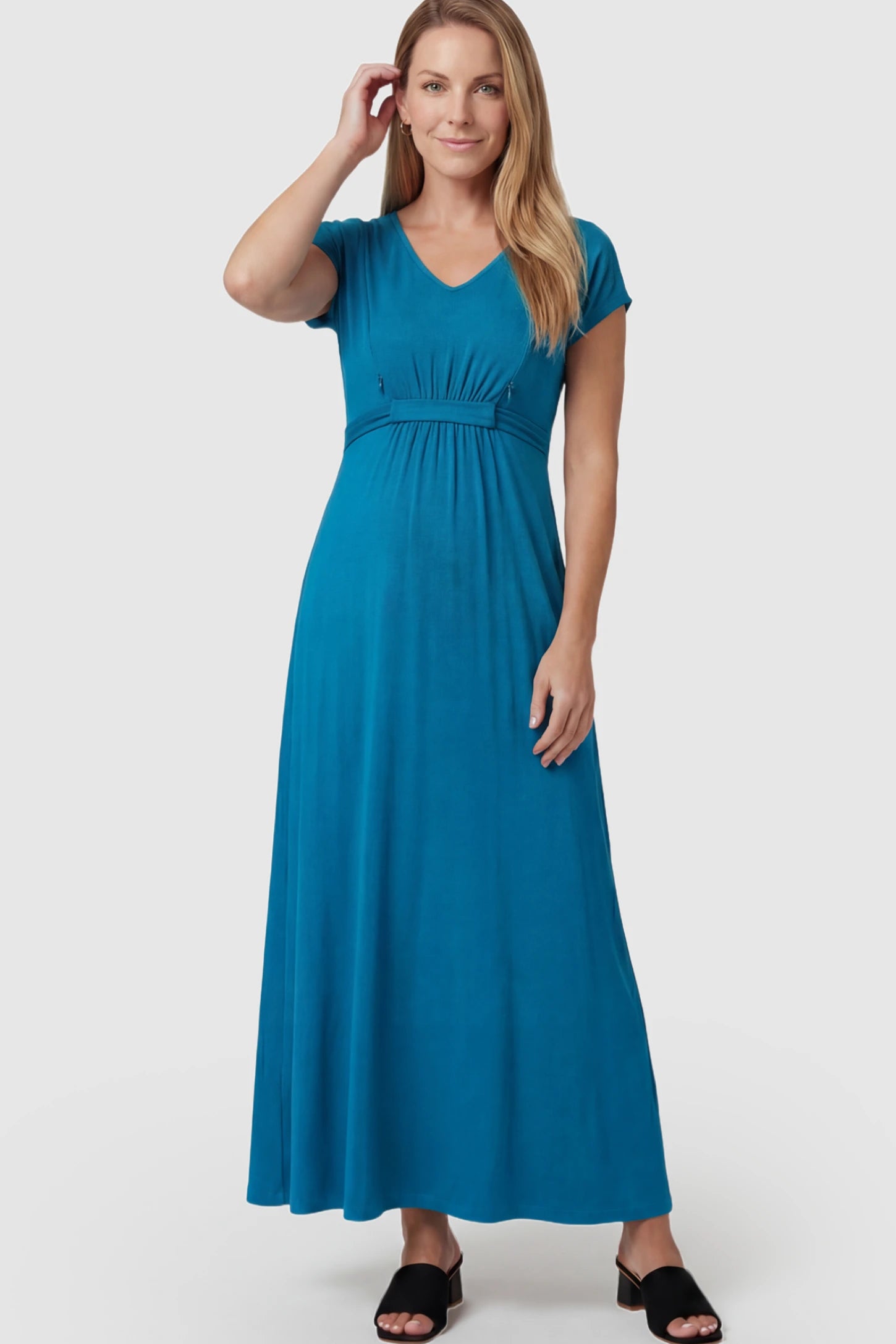 Empire Waist Short Sleeve Maternity Nursing Maxi Dress Empire Waist Short Sleeve Maternity Nursing Maxi Dress featuring hidden breastfeeding zippers in blue on a postpartum model.