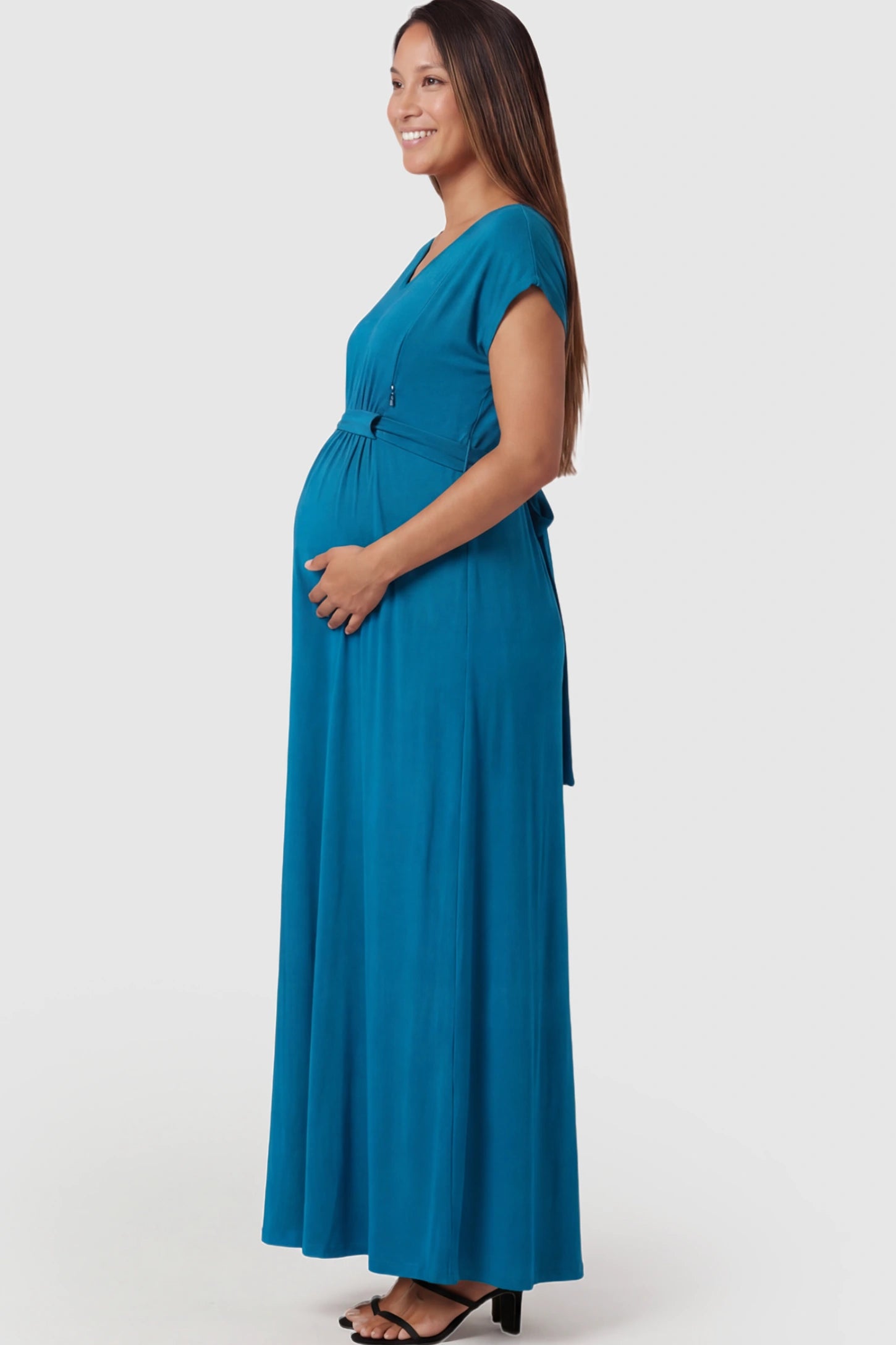 Empire Waist Short Sleeve Maternity Nursing Maxi Dress featuring hidden breastfeeding zippers in blue on a pregnant model.