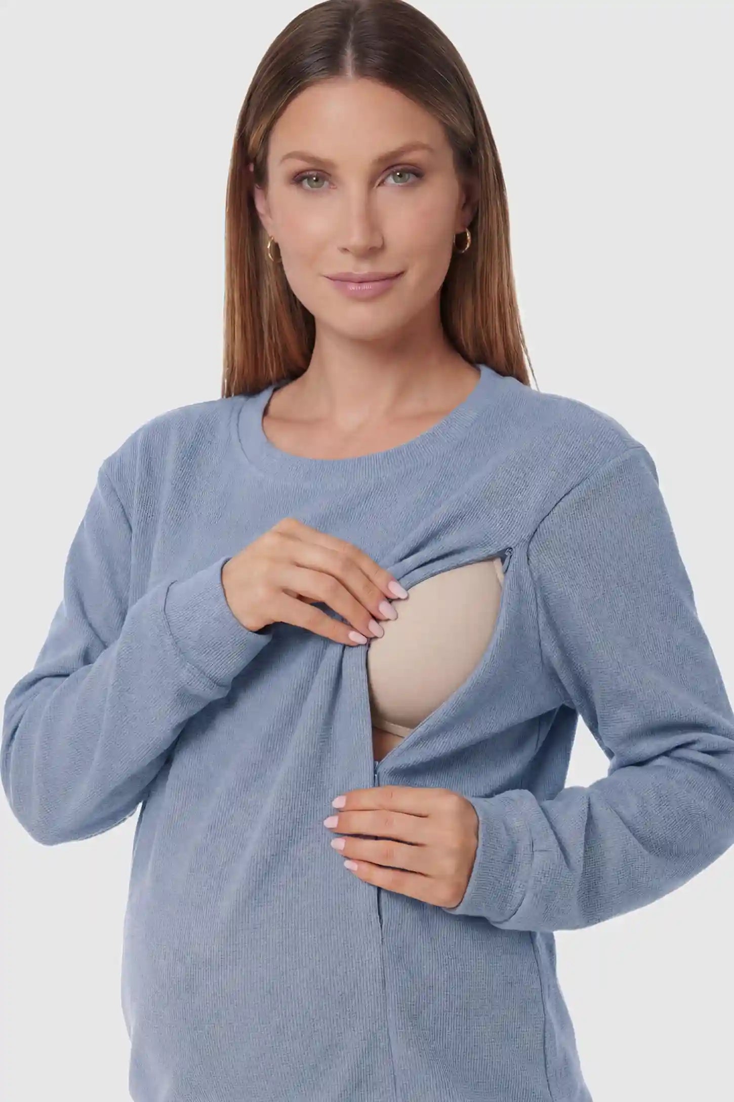 Waffle Knit Long Sleeve Maternity Pullover Sweatshirt Waffle Knit Long Sleeve Maternity Pullover Sweatshirt in Dark Blue featuring hidden nursing zippers on a pregnant model.