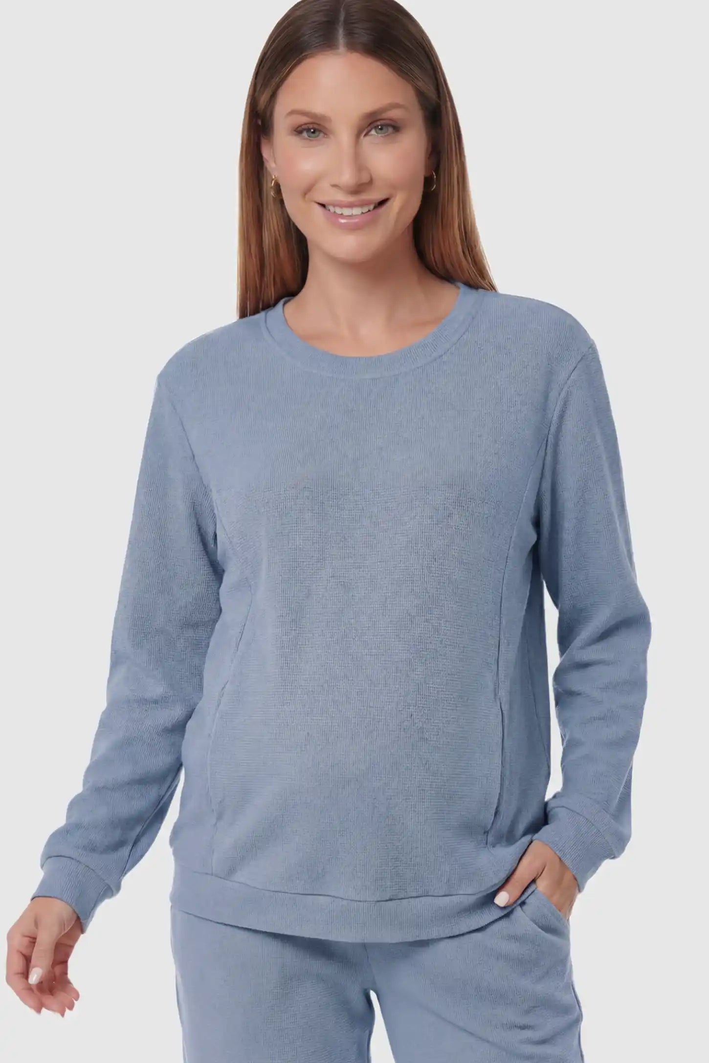 Waffle Knit Long Sleeve Maternity Pullover Sweatshirt Waffle Knit Long Sleeve Maternity Pullover Sweatshirt in Dark Blue featuring hidden nursing zippers on a pregnant model.