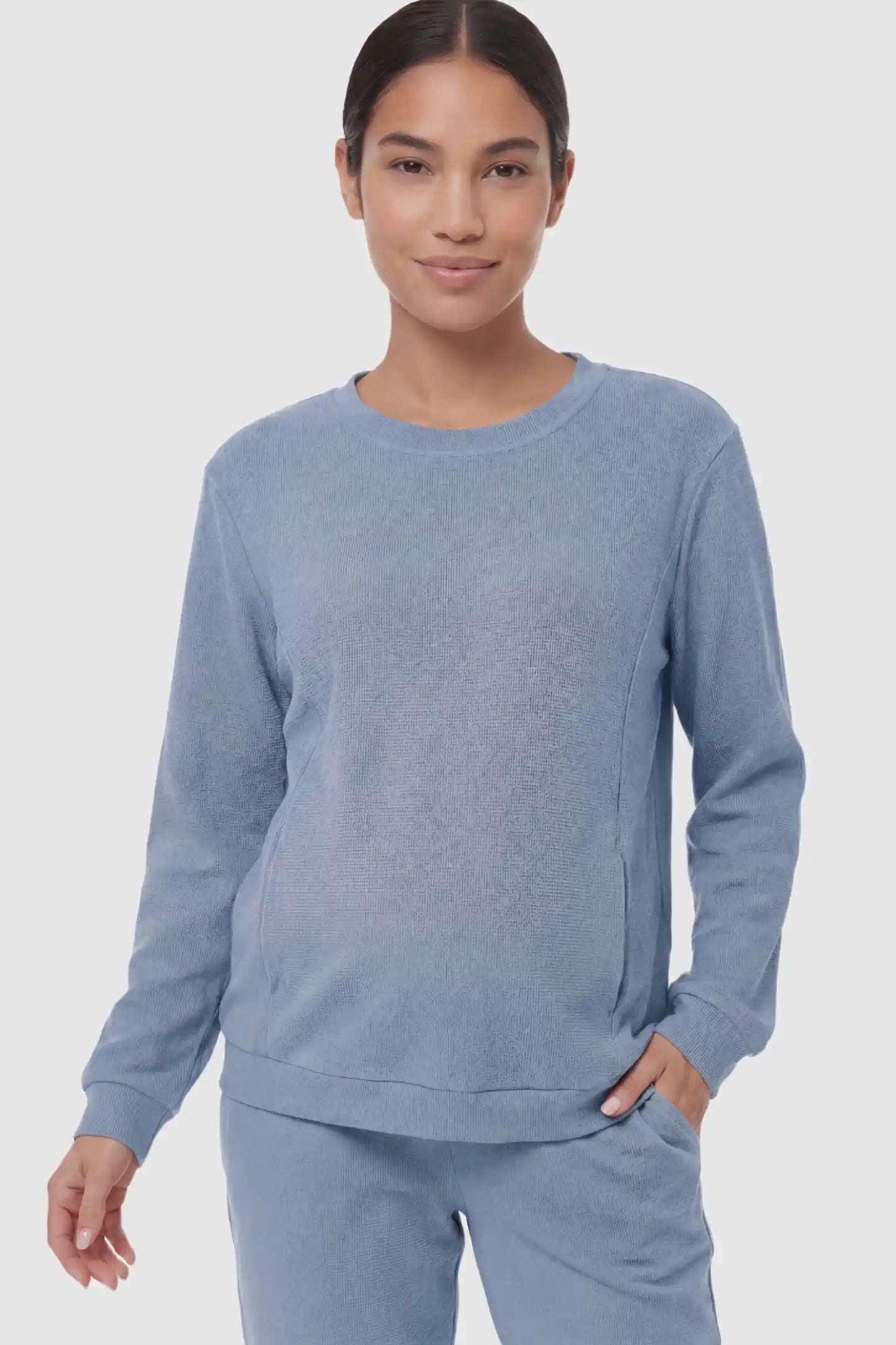 Waffle Knit Long Sleeve Maternity Pullover Sweatshirt Waffle Knit Long Sleeve Maternity Pullover Sweatshirt in Dark Blue featuring hidden nursing zippers on a non pregnant model.