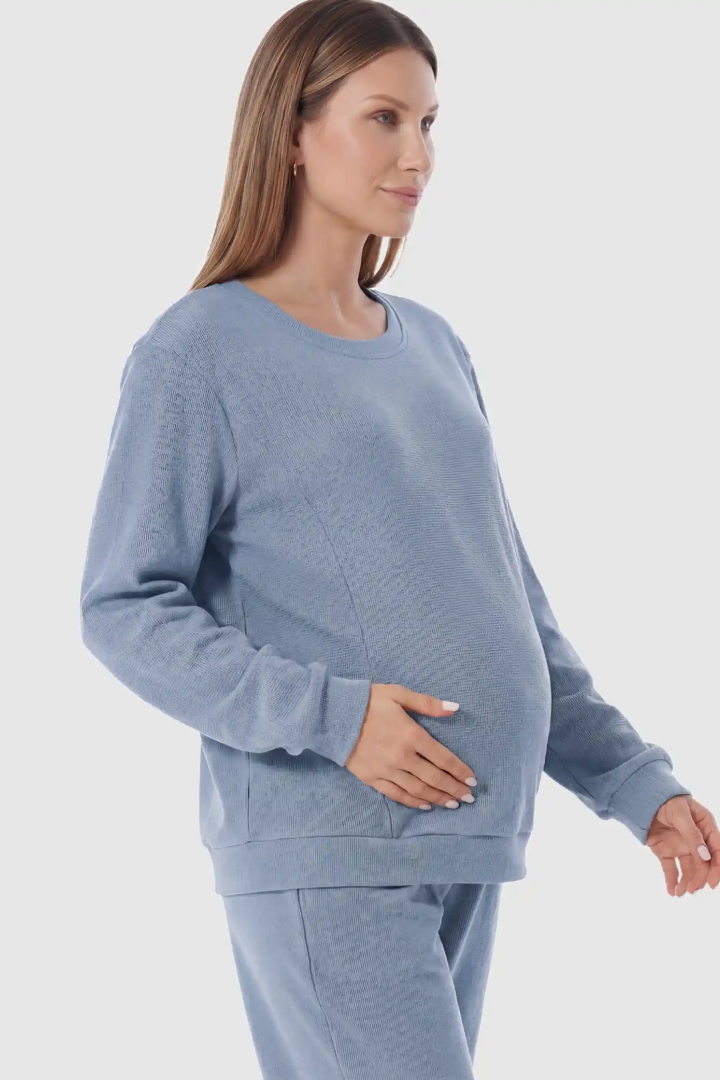 Waffle Knit Long Sleeve Maternity Pullover Sweatshirt Waffle Knit Long Sleeve Maternity Pullover Sweatshirt in Dark Blue featuring hidden nursing zippers on a pregnant model.