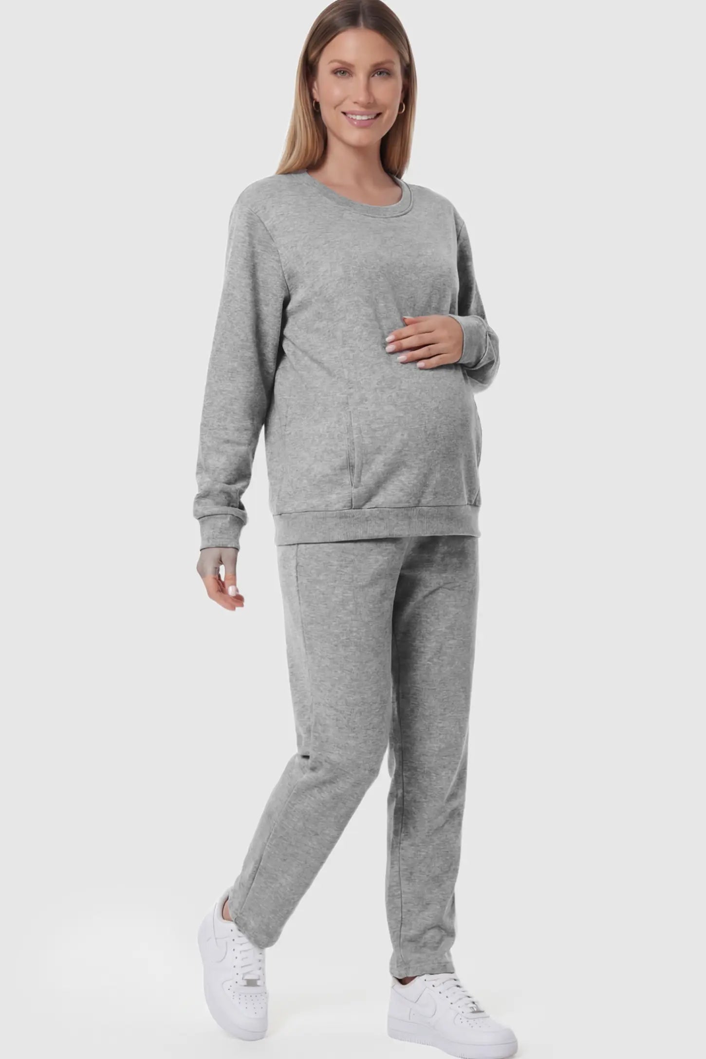 Waffle Knit Long Sleeve Maternity Pullover Sweatshirt Waffle Knit Long Sleeve Maternity Pullover Sweatshirt in Gray featuring hidden nursing zippers on a pregnant model.