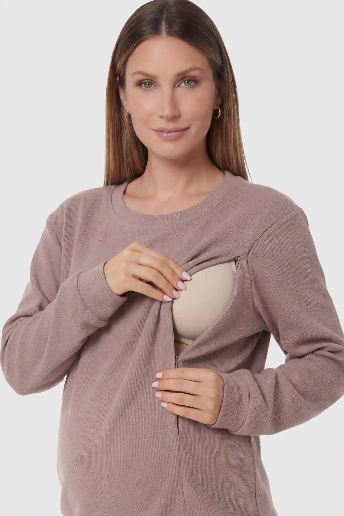 Waffle Knit Long Sleeve Maternity Pullover Sweatshirt Waffle Knit Long Sleeve Maternity Pullover Sweatshirt in Khaki featuring hidden nursing zippers on a pregnant model.