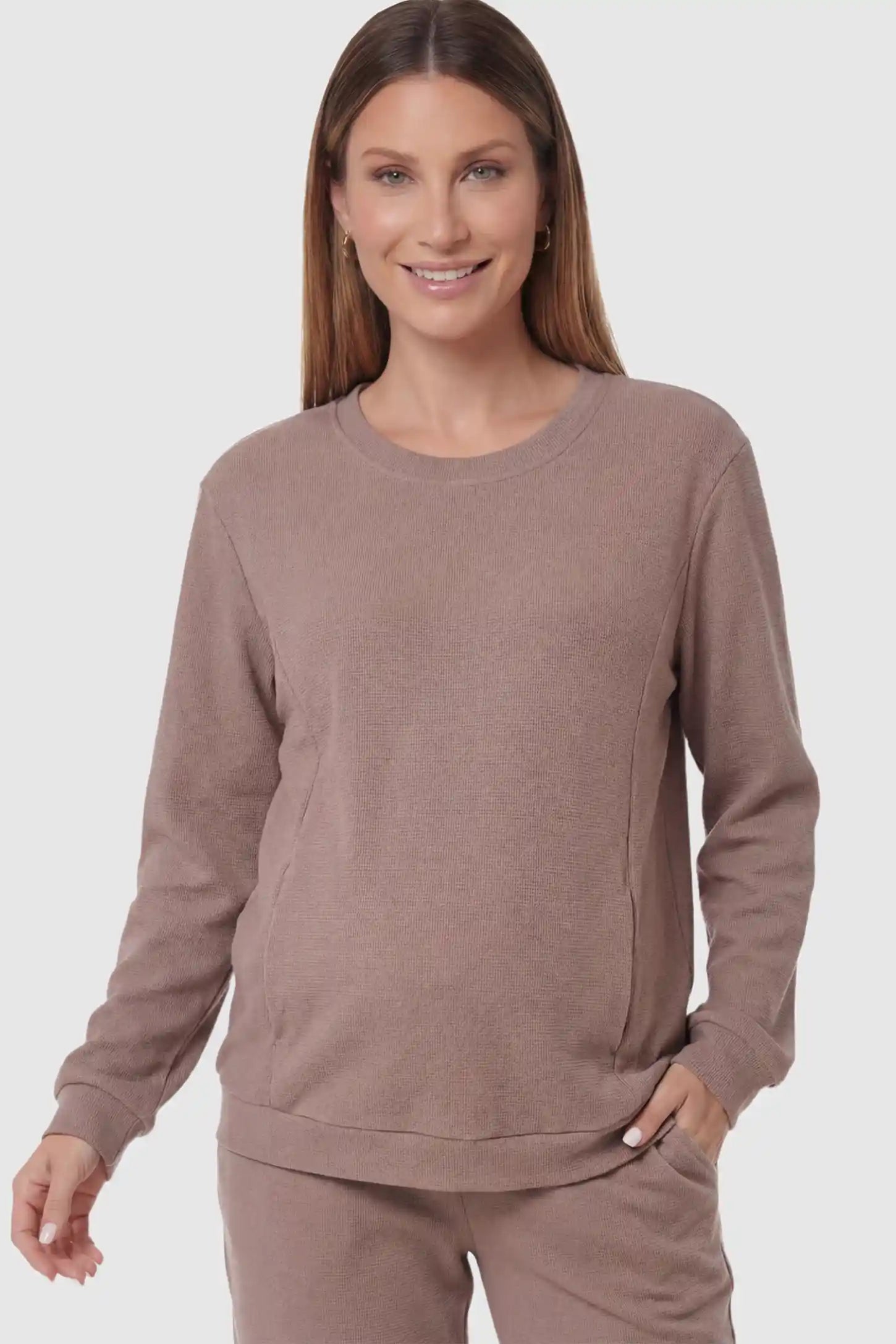 Waffle Knit Long Sleeve Maternity Pullover Sweatshirt Waffle Knit Long Sleeve Maternity Pullover Sweatshirt in Khaki featuring hidden nursing zippers on a pregnant model.
