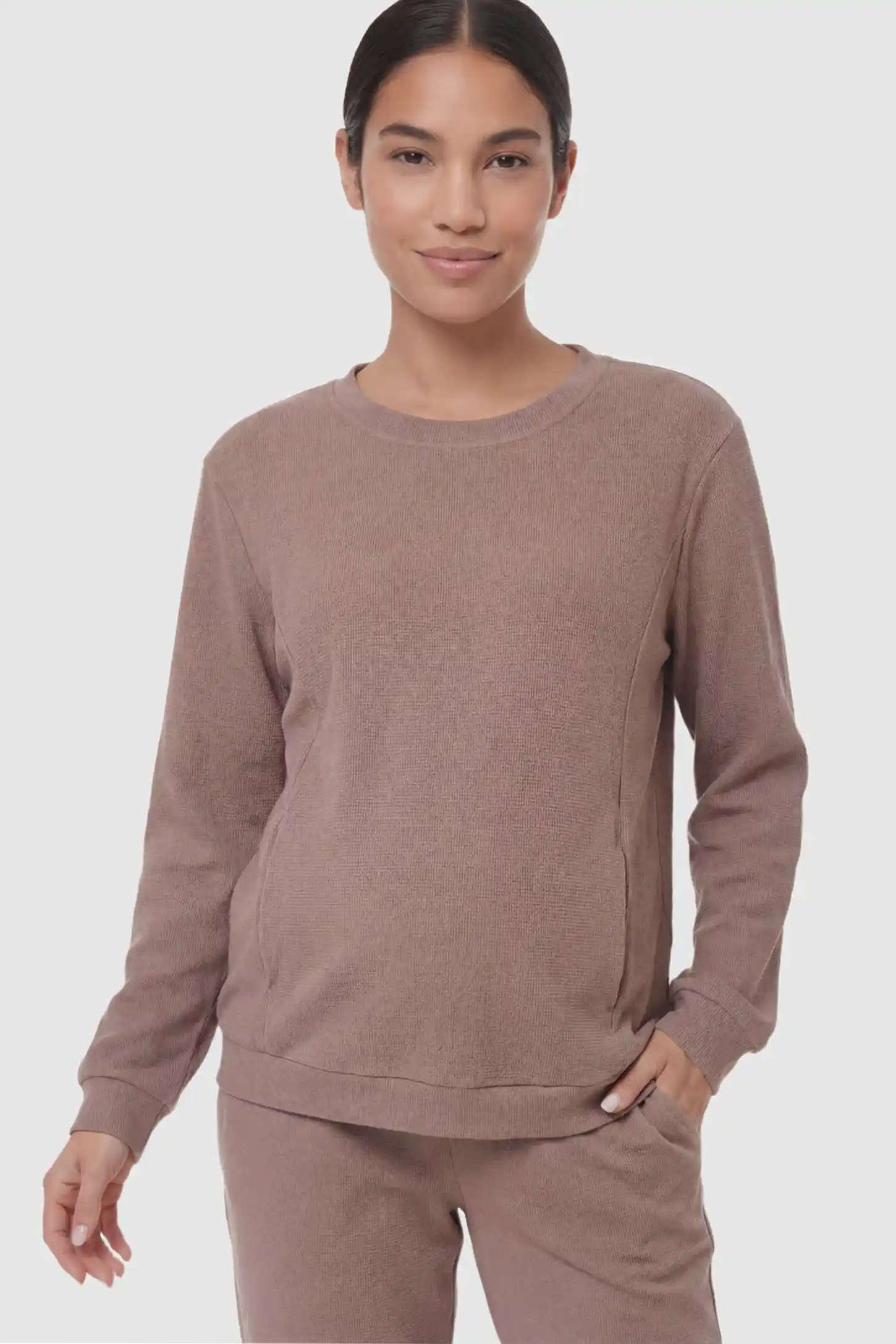 Waffle Knit Long Sleeve Maternity Pullover Sweatshirt Waffle Knit Long Sleeve Maternity Pullover Sweatshirt in Khaki featuring hidden nursing zippers on a non pregnant model.