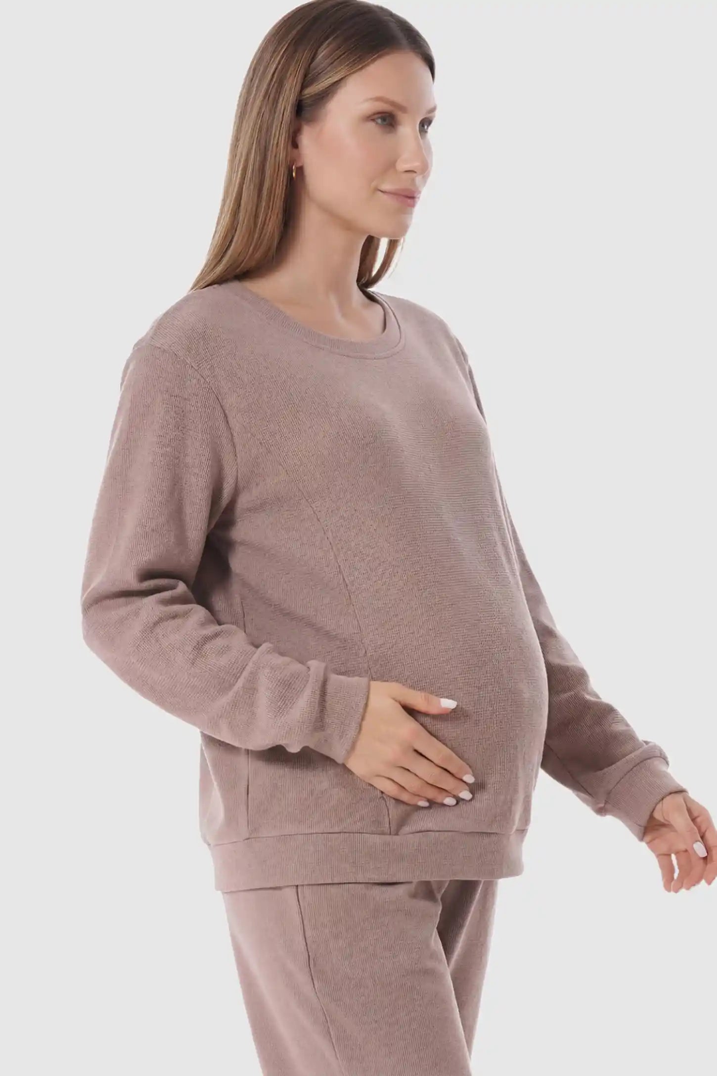 Waffle Knit Long Sleeve Maternity Pullover Sweatshirt Waffle Knit Long Sleeve Maternity Pullover Sweatshirt in Khaki featuring hidden nursing zippers on a pregnant model.