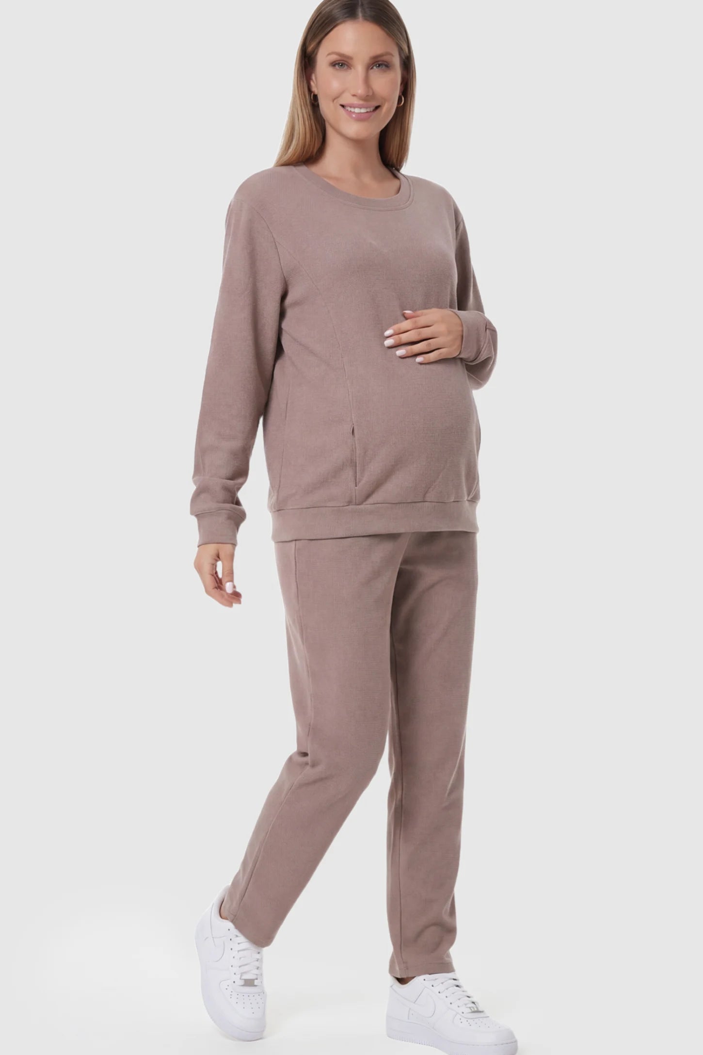 Waffle Knit Long Sleeve Maternity Pullover Sweatshirt Waffle Knit Long Sleeve Maternity Pullover Sweatshirt in Khaki featuring hidden nursing zippers on a pregnant model.