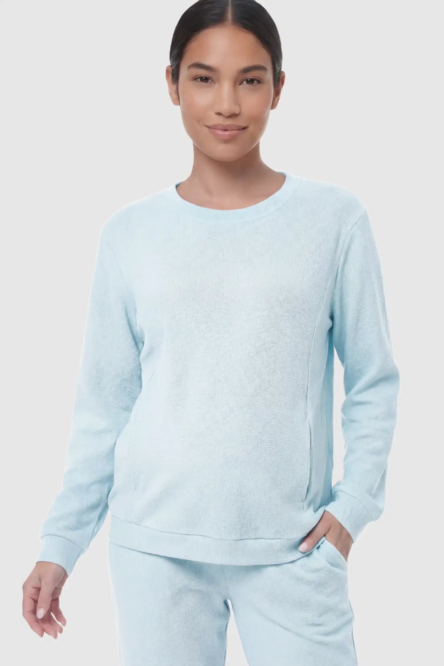 Waffle Knit Long Sleeve Maternity Pullover Sweatshirt Waffle Knit Long Sleeve Maternity Pullover Sweatshirt in Light Blue featuring hidden nursing zippers on a non pregnant model.