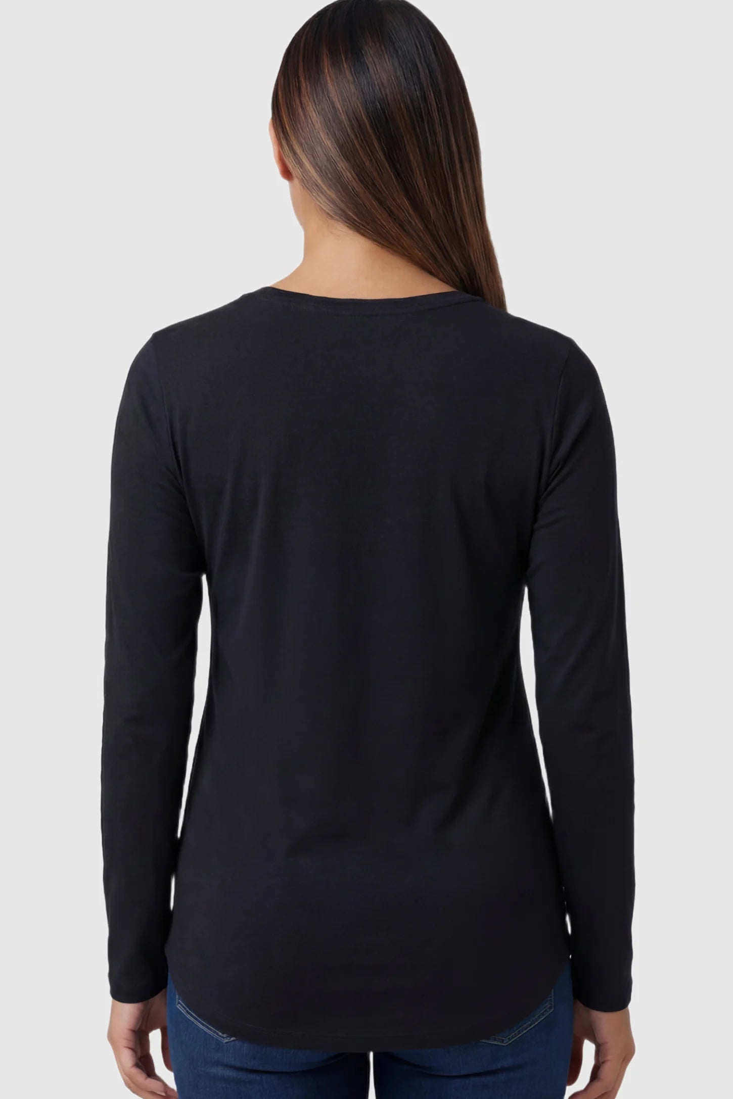 Solid Crew Neck Long Sleeve Maternity & Nursing Top Solid Crew Neck Long Sleeve Maternity & Nursing Top in Black on a model.
