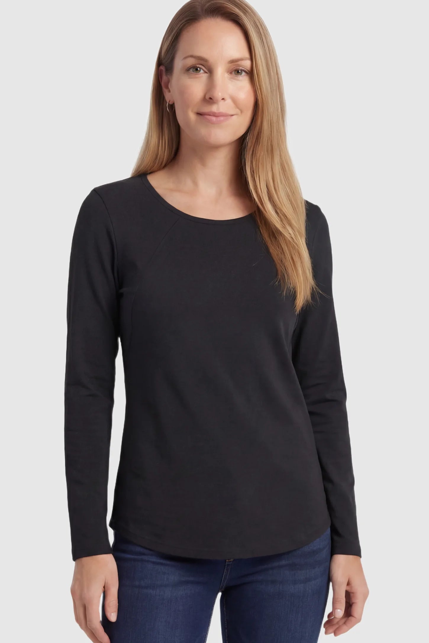 Solid Crew Neck Long Sleeve Maternity & Nursing Top Solid Crew Neck Long Sleeve Maternity & Nursing Top in Black featuring a discreet lift-up breastfeeding access on a model.