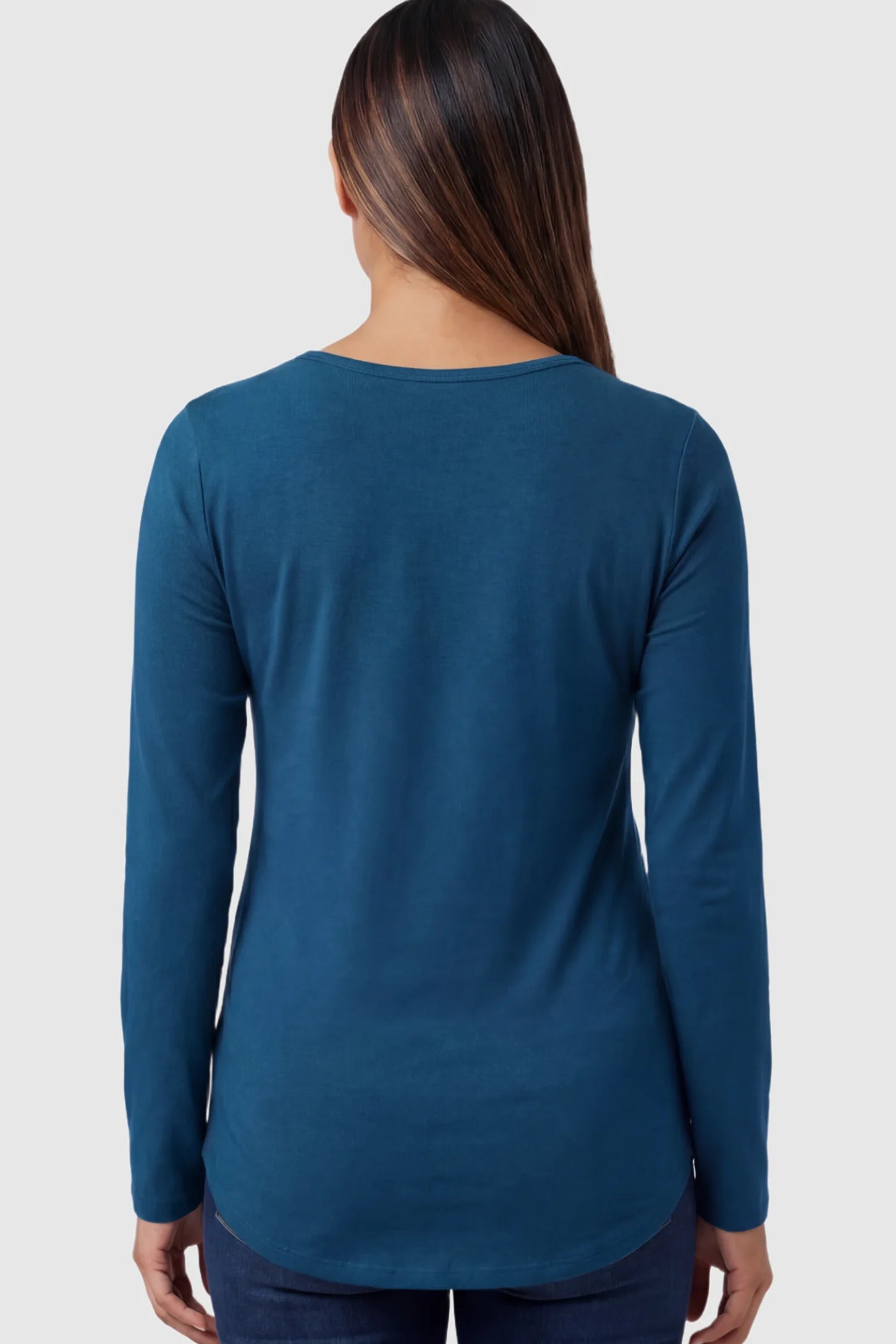 Solid Crew Neck Long Sleeve Maternity & Nursing Top Solid Crew Neck Long Sleeve Maternity & Nursing Top in Blue on a model.