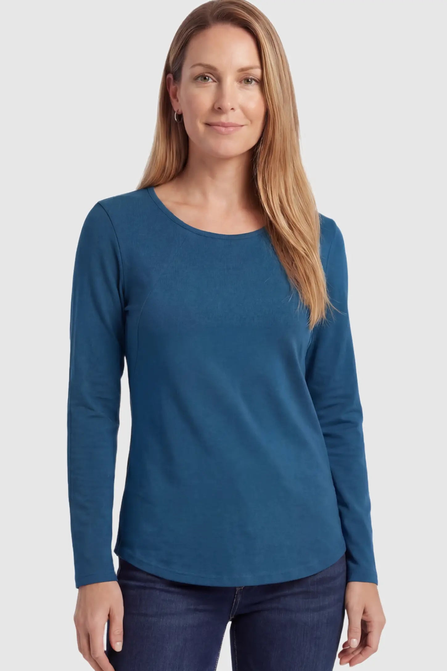 Solid Crew Neck Long Sleeve Maternity & Nursing Top Solid Crew Neck Long Sleeve Maternity & Nursing Top in Blue featuring a discreet lift-up breastfeeding access on a model.