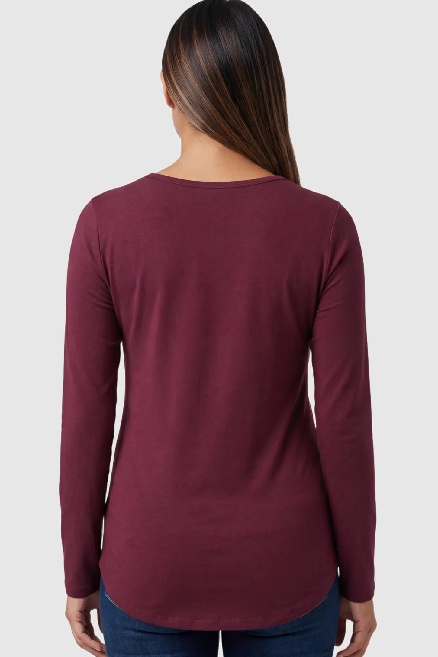 Solid Crew Neck Long Sleeve Maternity & Nursing Top Solid Crew Neck Long Sleeve Maternity & Nursing Top in Wine Red on a model.