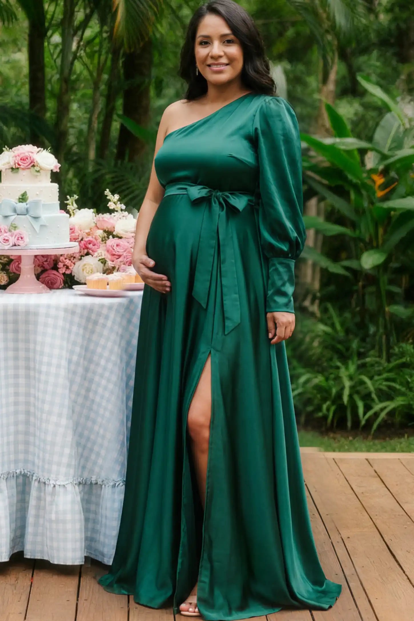 Satin One-Shoulder Belted Maternity Maxi Dress in Green featuring a side slit and waist tie on a pregnant model.