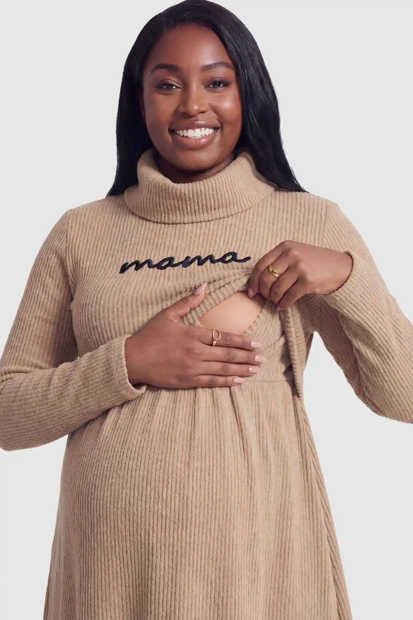 Ribbed Double-Layer Long Sleeve Maternity Nursing Dress Ribbed Double-Layer Turtleneck Maternity Nursing Dress in Brown featuring nursing access on a pregnant model.