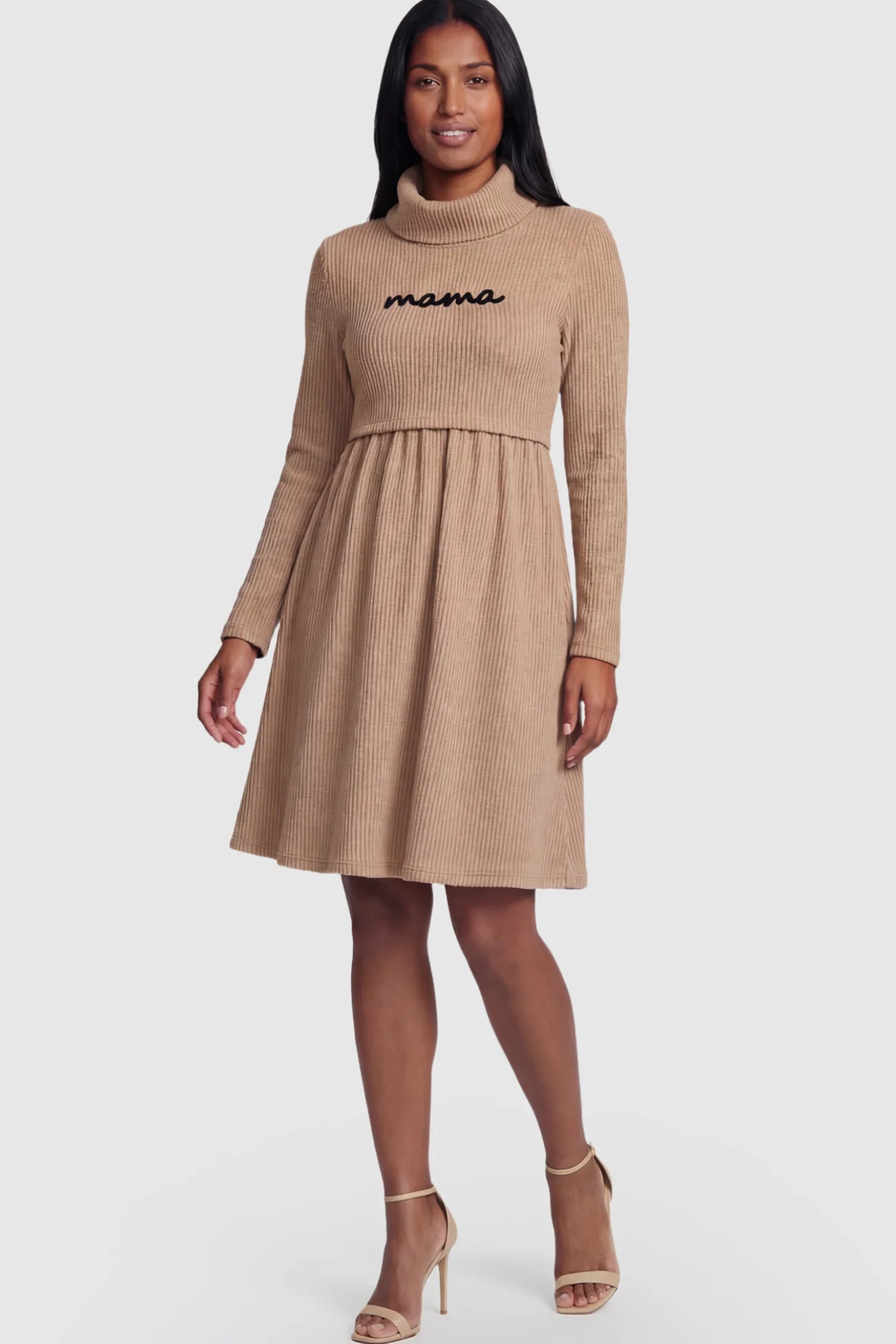 Ribbed Double-Layer Long Sleeve Maternity Nursing Dress Ribbed Double-Layer Turtleneck Maternity Nursing Dress in Brown featuring "mama" embroidery on a postpartum model.