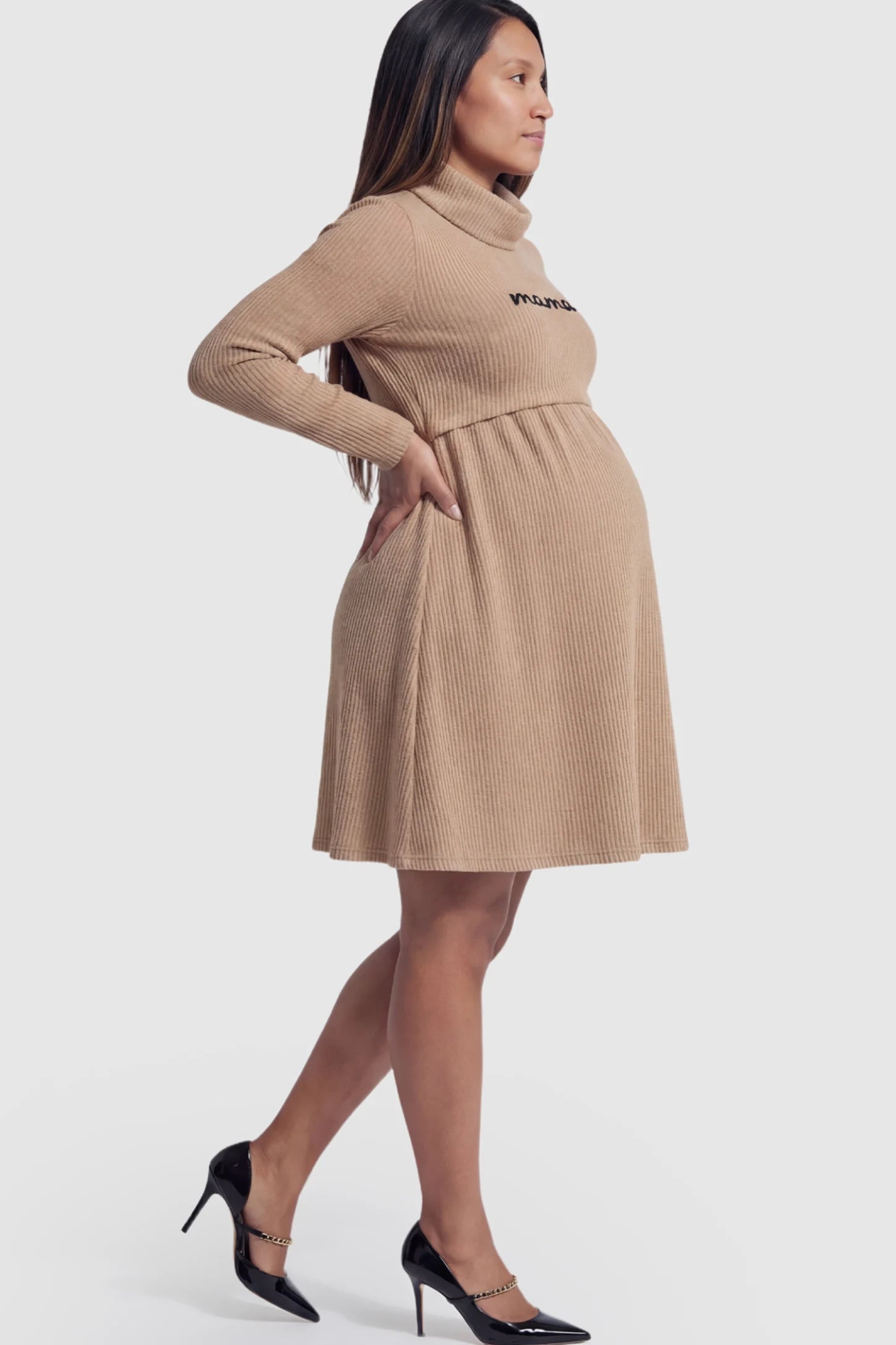 Ribbed Double-Layer Turtleneck Maternity Nursing Dress in Brown featuring "mama" embroidery on a pregnant model.