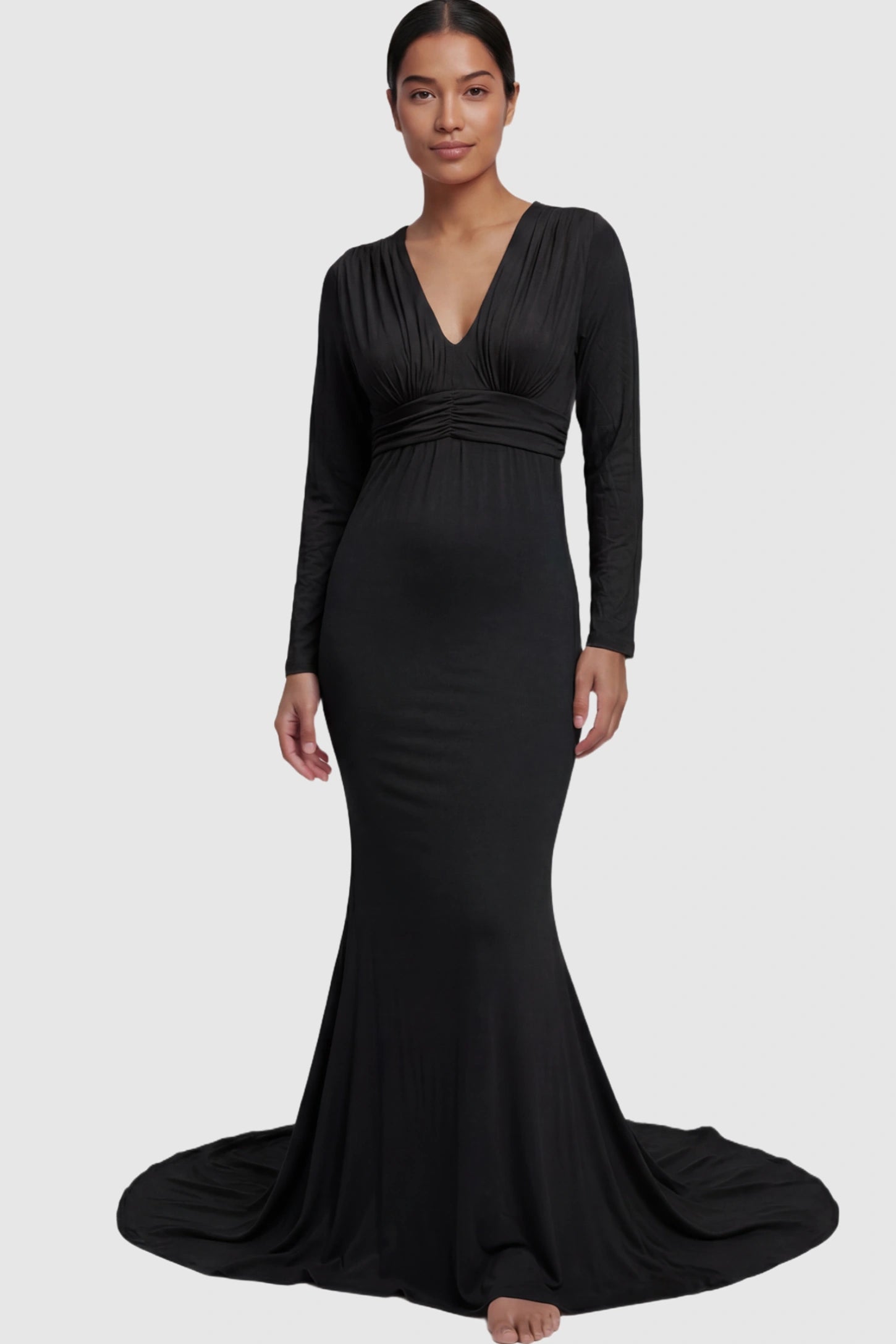 Pure Cotton V-Neck Long Sleeve Maternity Photoshoot Gown Pure Cotton V-Neck Long Sleeve Maternity Photoshoot Gown in Black featuring a floor-pooling train on a postpartum model.