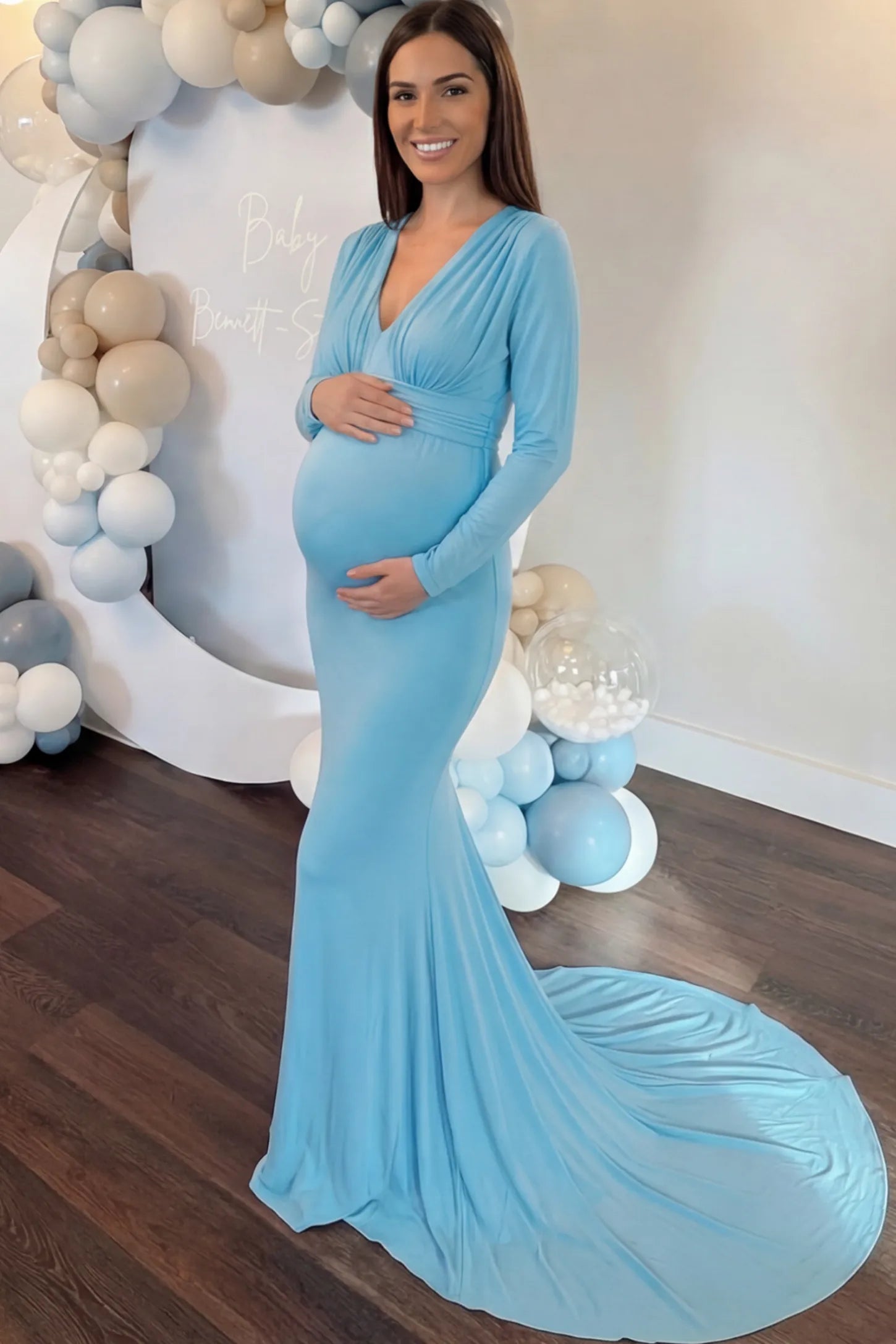 Pure Cotton V-Neck Long Sleeve Maternity Photoshoot Gown in Light Blue featuring a floor-pooling train on a pregnant model.