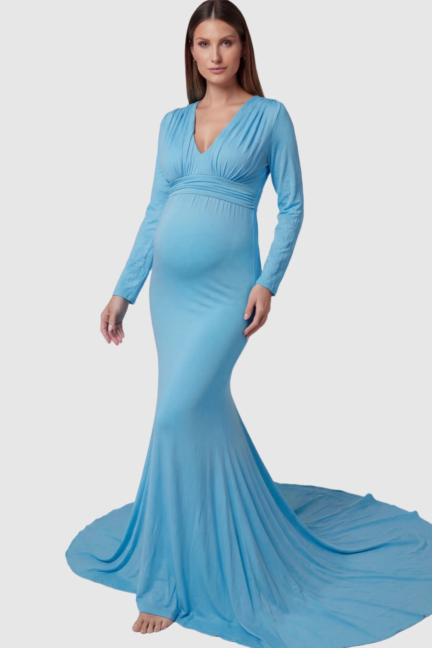 Pure Cotton V-Neck Long Sleeve Maternity Photoshoot Gown in Light Blue featuring a floor-pooling train on a pregnant model.