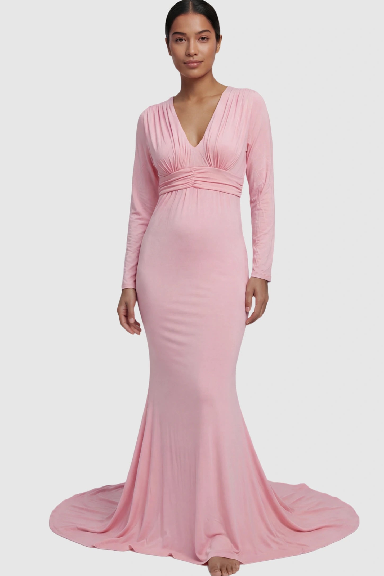 Pure Cotton V-Neck Long Sleeve Maternity Photoshoot Gown Pure Cotton V-Neck Long Sleeve Maternity Photoshoot Gown in Pink featuring a floor-pooling train on a postpartum model.