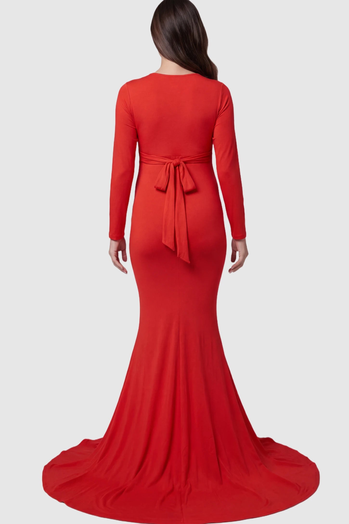 Pure Cotton V-Neck Long Sleeve Maternity Photoshoot Gown Pure Cotton V-Neck Long Sleeve Maternity Photoshoot Gown in Red featuring a floor-pooling train on a pregnant model.