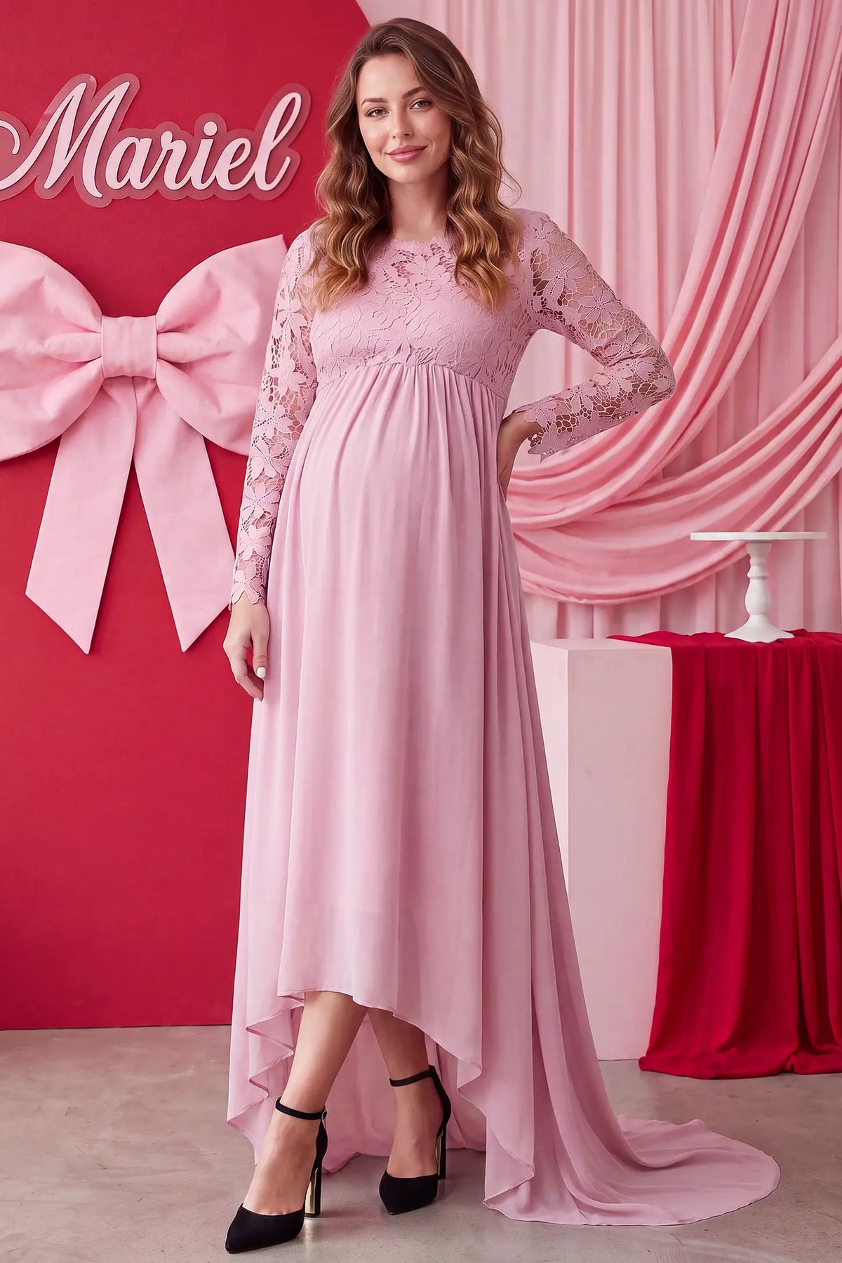 Lace Long Sleeve Full Skirt Maxi Maternity Dress