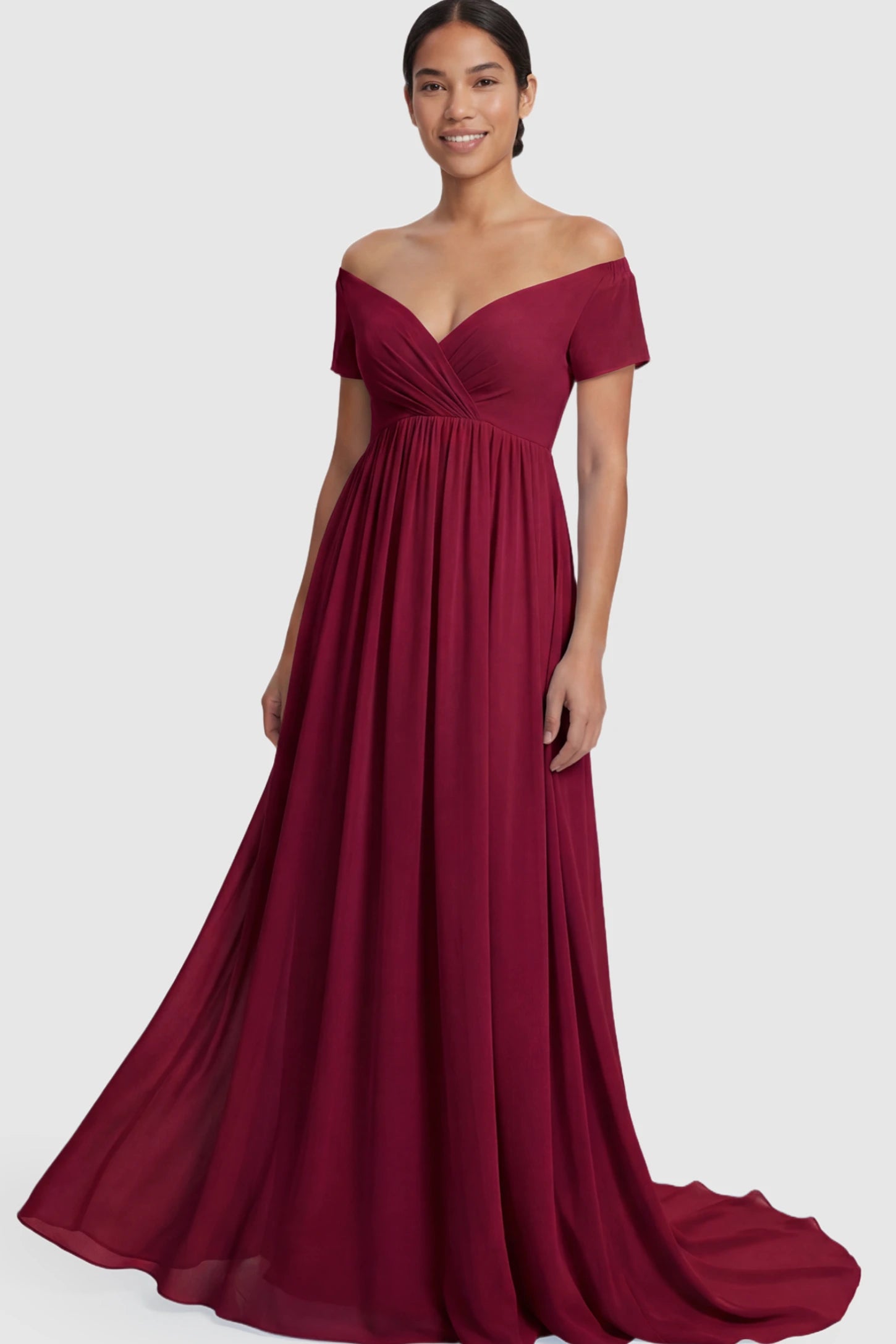 Solid Off Shoulder Flowy Maternity Maxi Dress Solid Off-the-Shoulder Sweetheart Maternity Maxi Dress in Wine Red featuring an empire waist on a postpartum model.