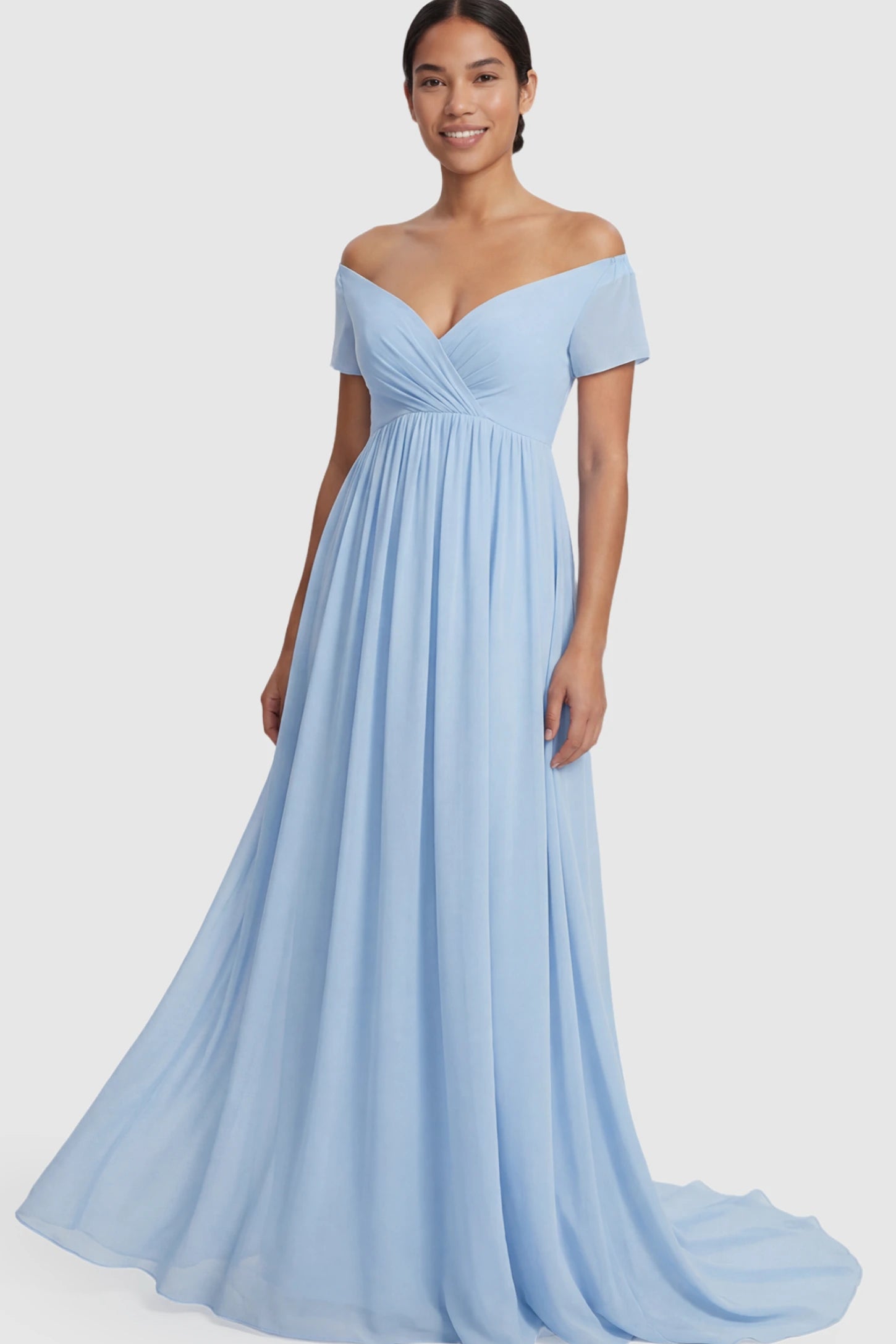 Solid Off Shoulder Flowy Maternity Maxi Dress Solid Off-the-Shoulder Sweetheart Maternity Maxi Dress in Light Blue featuring an empire waist on a postpartum model.