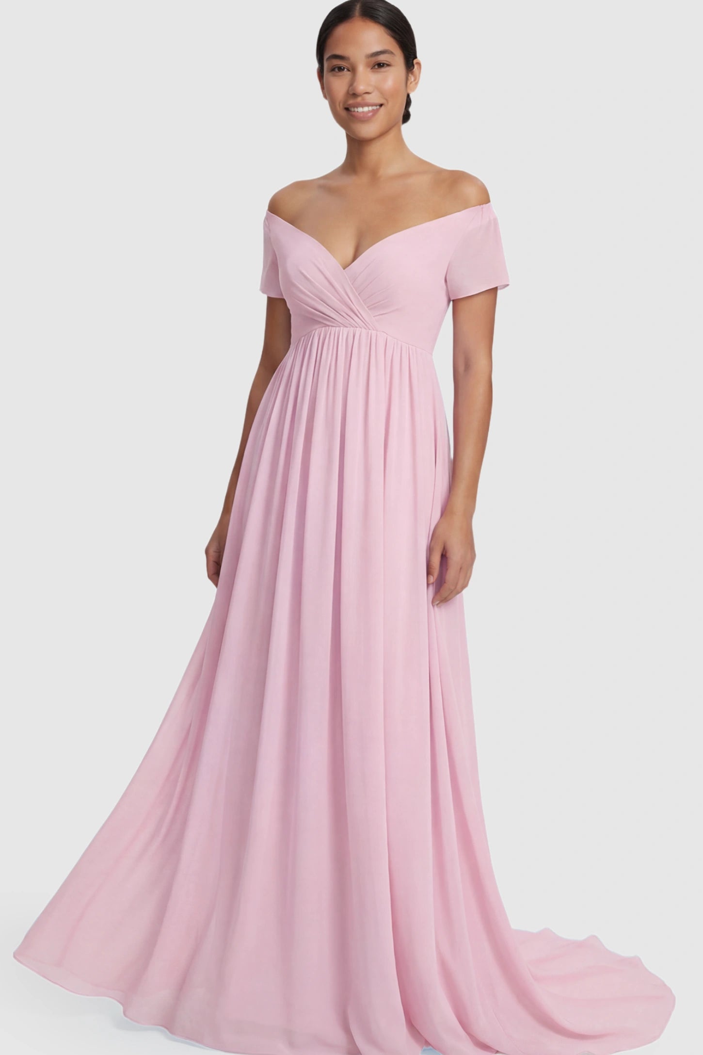 Solid Off Shoulder Flowy Maternity Maxi Dress Solid Off-the-Shoulder Sweetheart Maternity Maxi Dress in Pink featuring an empire waist on a postpartum model.