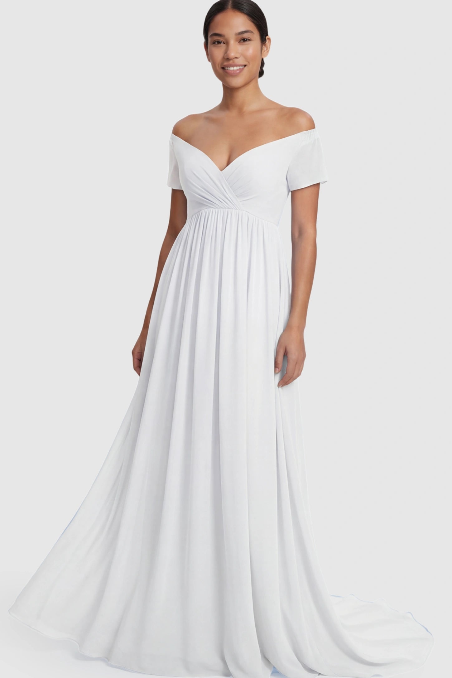 Solid Off Shoulder Flowy Maternity Maxi Dress Solid Off-the-Shoulder Sweetheart Maternity Maxi Dress in White featuring an empire waist on a postpartum model.