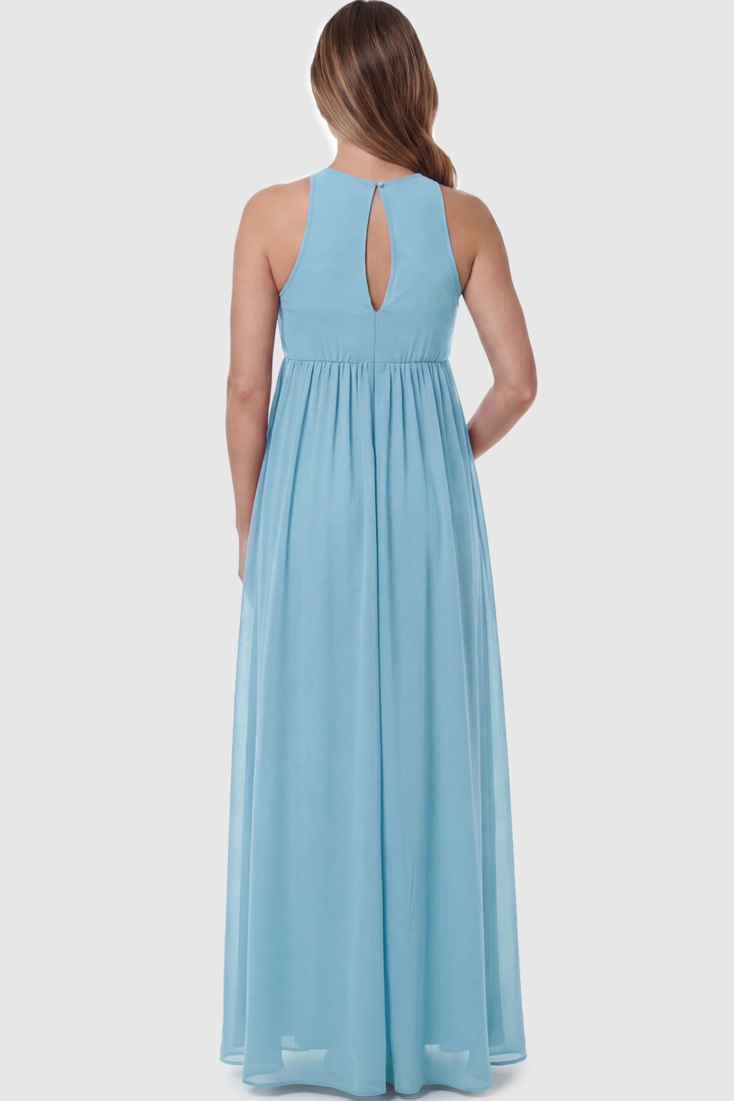 Pleated Mesh Sleeveless Maternity Photoshoot Dress Pleated Mesh Sleeveless Maternity Maxi Dress in light blue with a back cut out on a pregnant model.