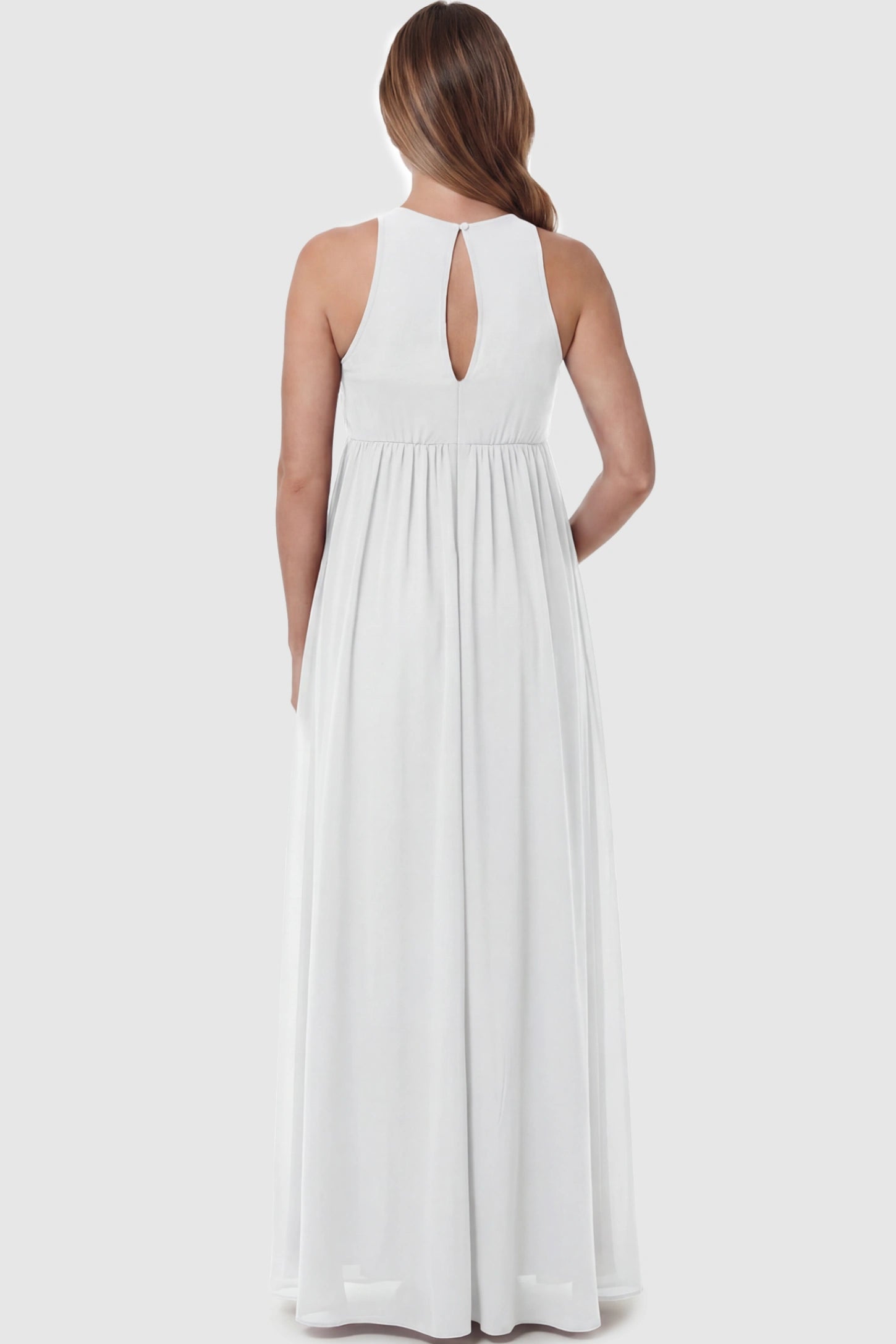 Pleated Mesh Sleeveless Maternity Photoshoot Dress Pleated Mesh Sleeveless Maternity Maxi Dress in white with a back cut out on a pregnant model.