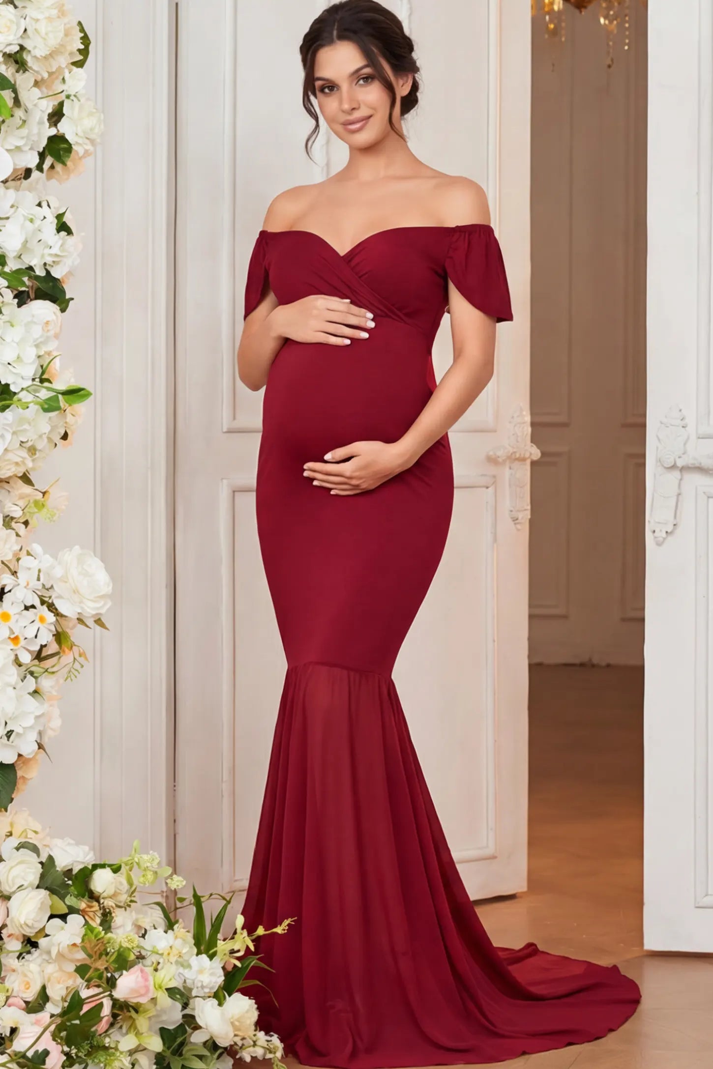 Solid Off Shoulder Fitted Maternity Photoshoot Gown Solid Off Shoulder Fitted Maternity Photoshoot Gown in red featuring a sweetheart cross-front bodice and flowing chiffon train on a pregnant model.