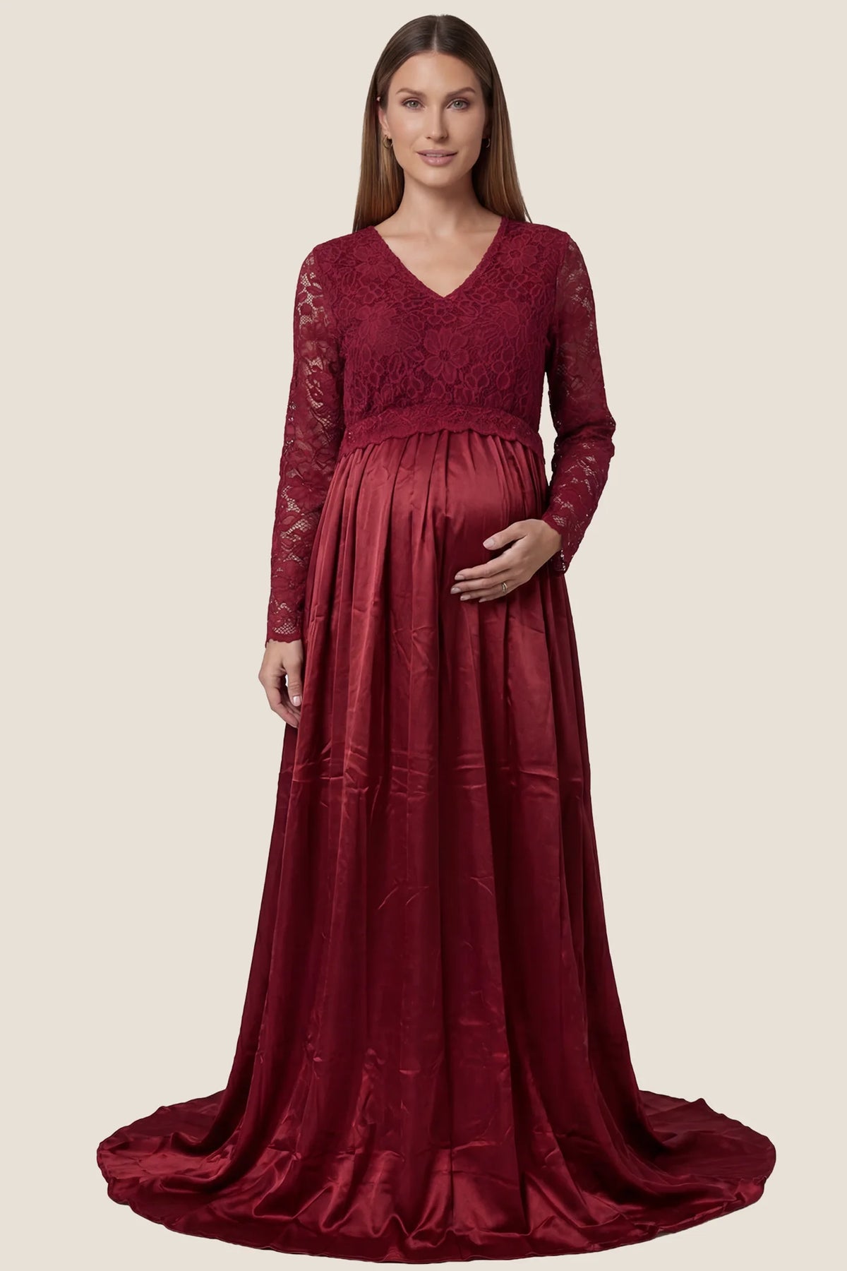 Lace-Spliced Silk Long Sleeve Maternity Gown