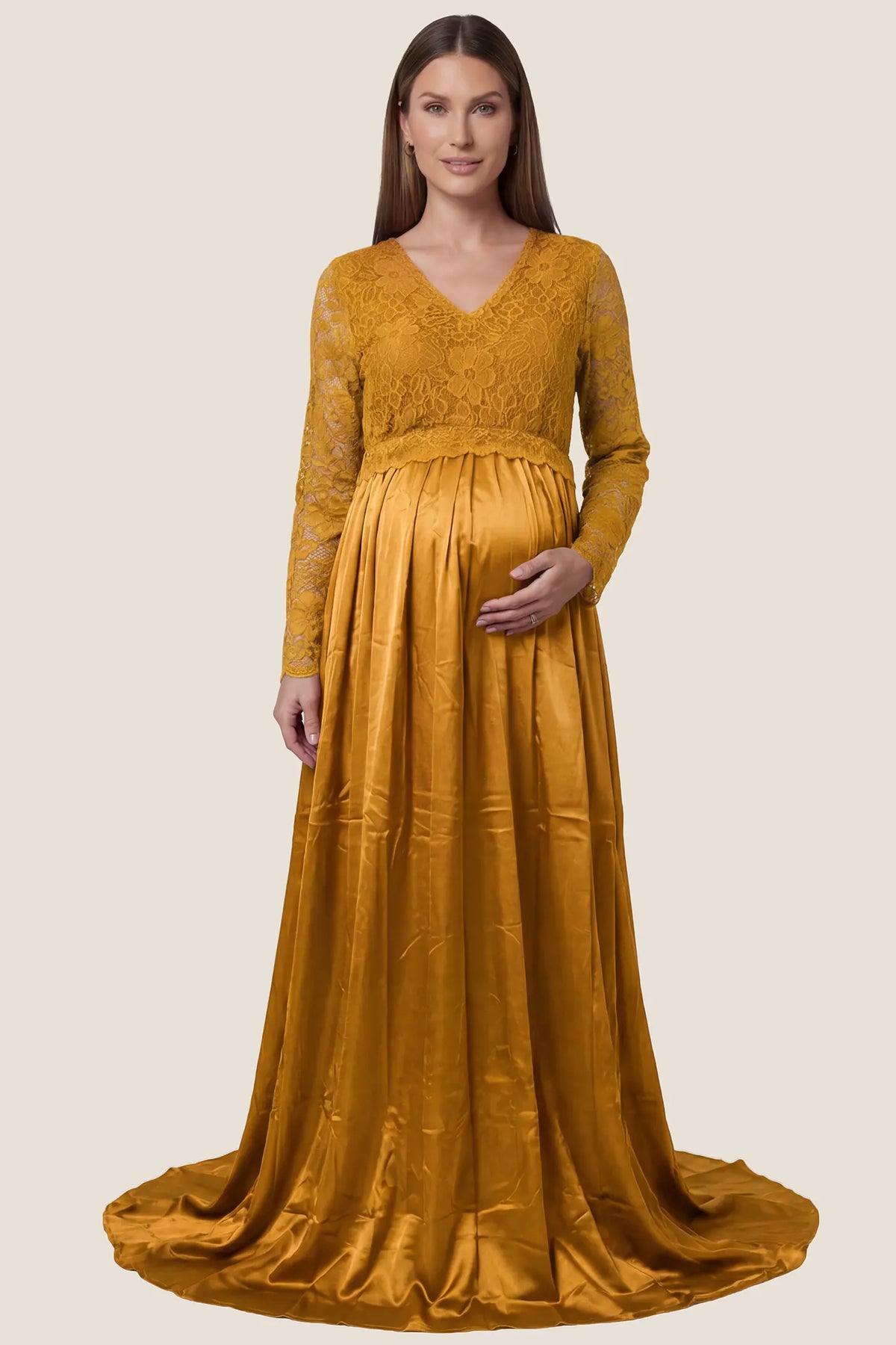 Lace-Spliced Silk Long Sleeve Maternity Gown