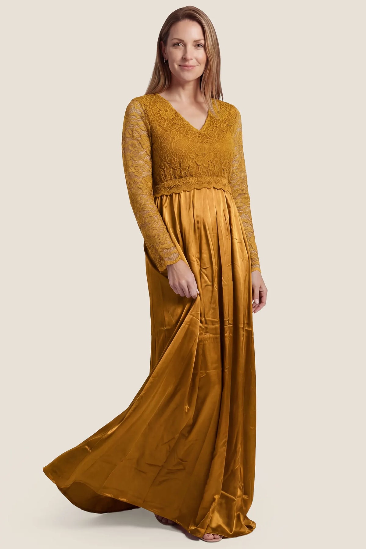 Lace-Spliced Silk Long Sleeve Maternity Gown