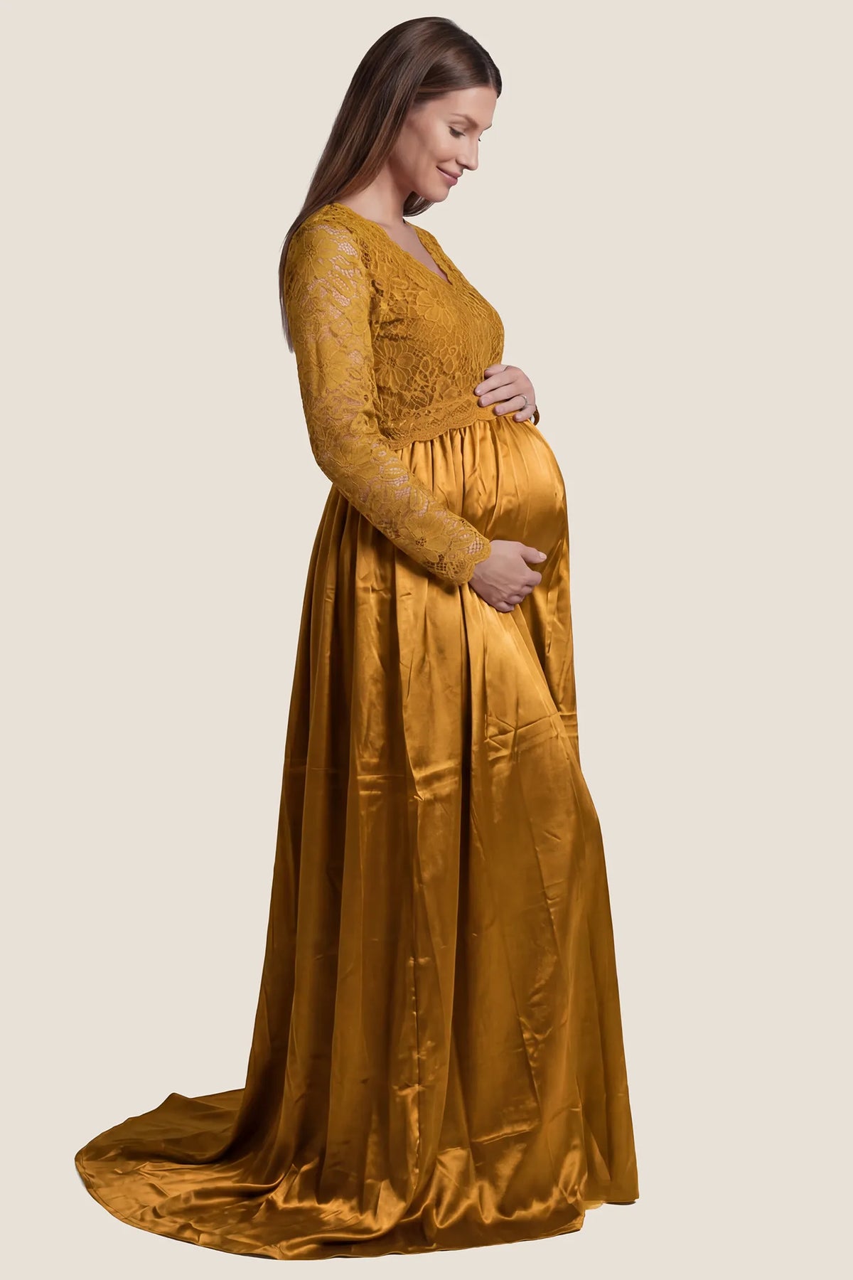 Lace-Spliced Silk Long Sleeve Maternity Gown
