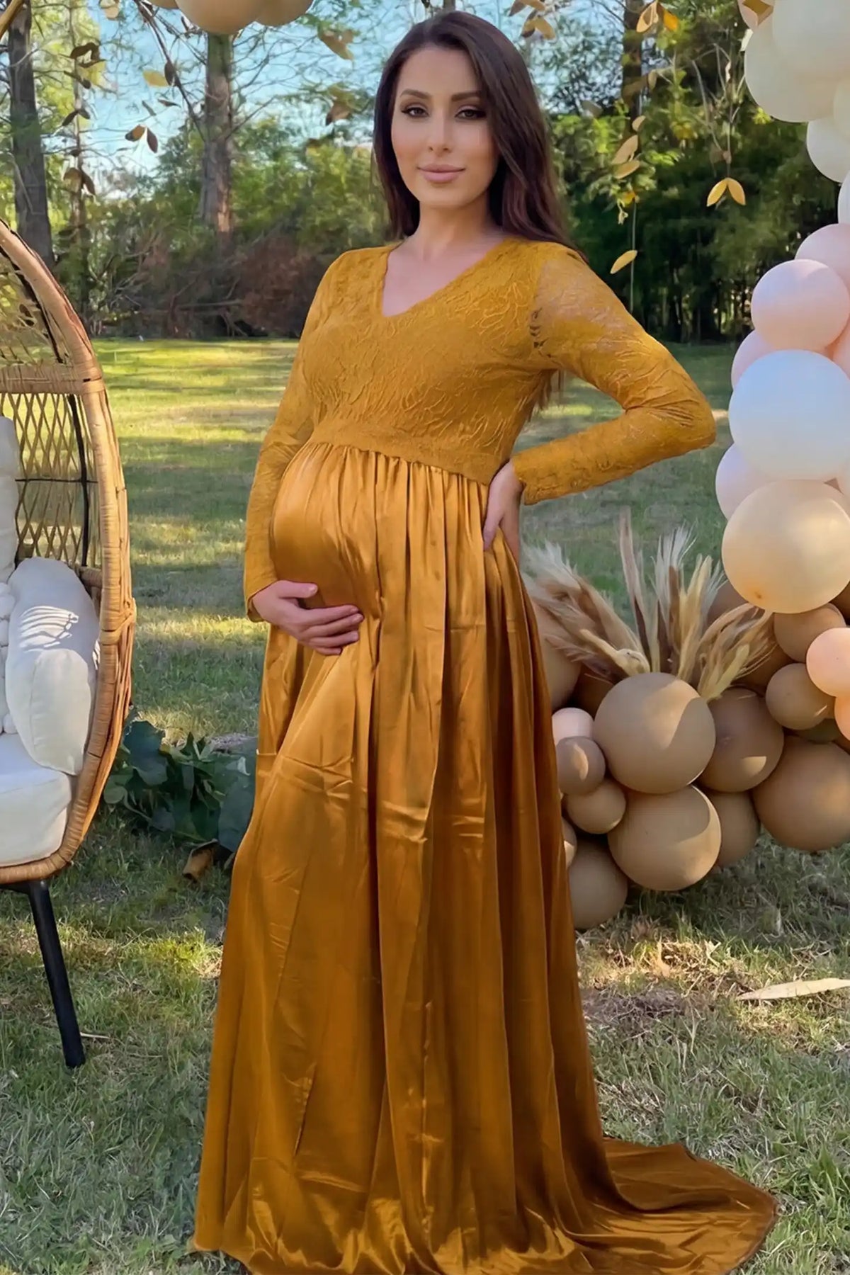 Lace-Spliced Silk Long Sleeve Maternity Gown
