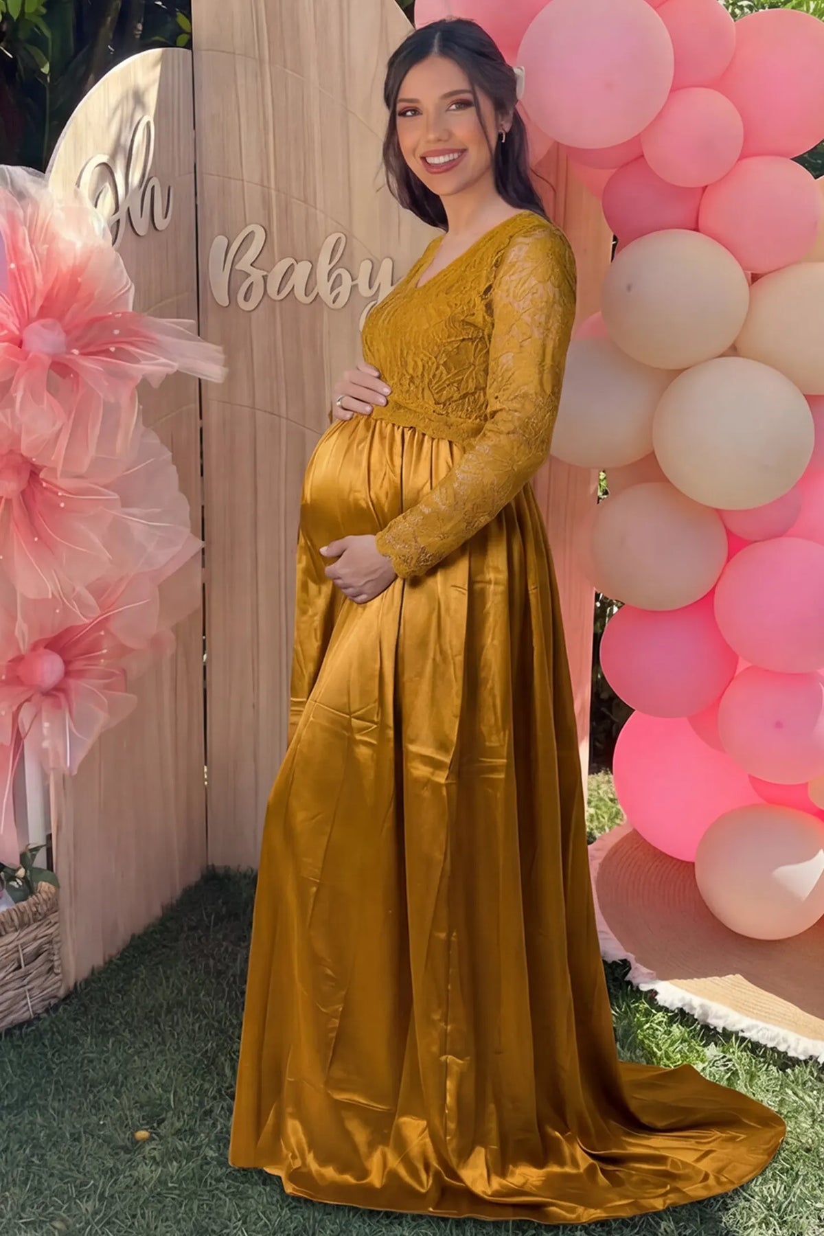 Lace-Spliced Silk Long Sleeve Maternity Gown