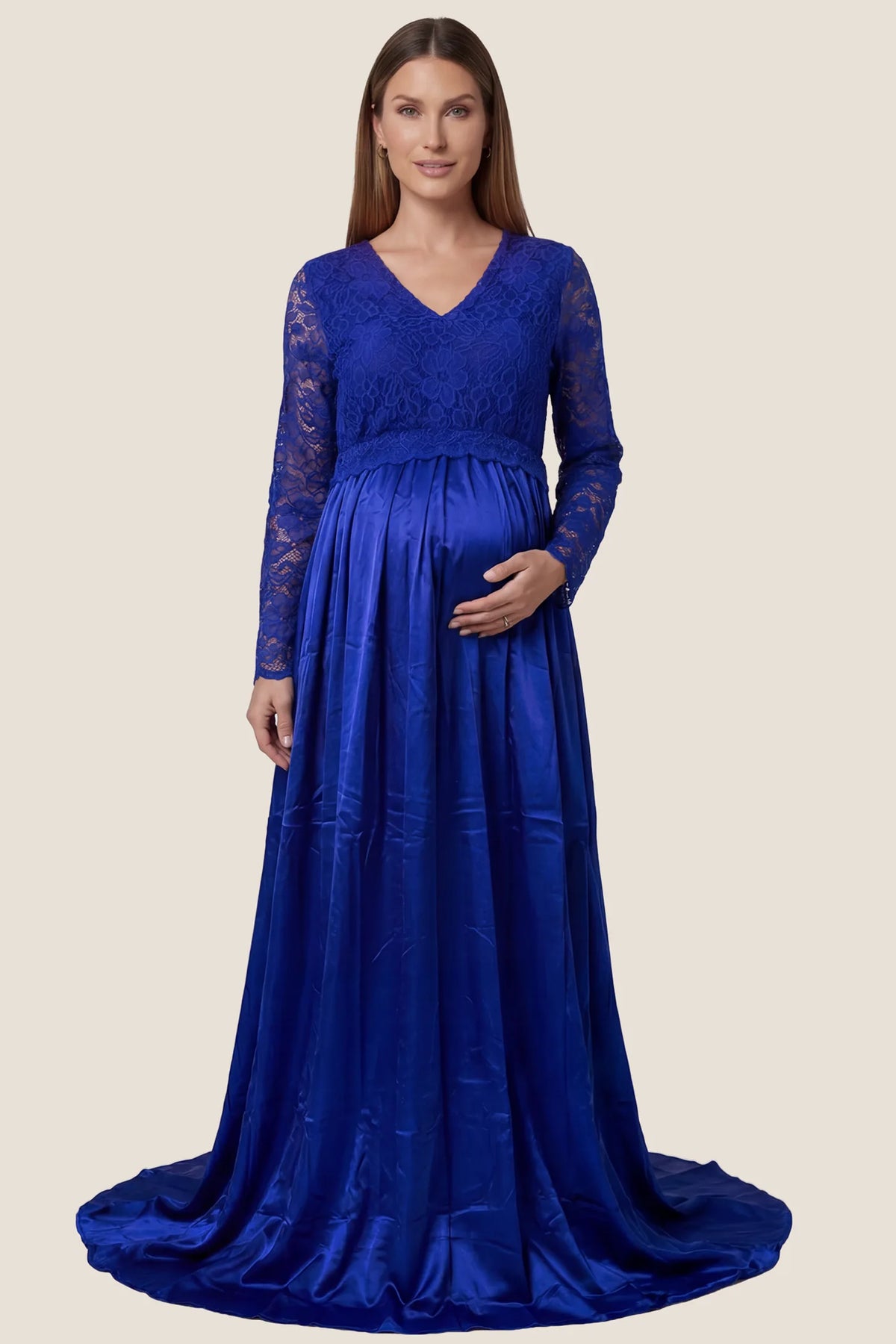 Lace-Spliced Silk Long Sleeve Maternity Gown