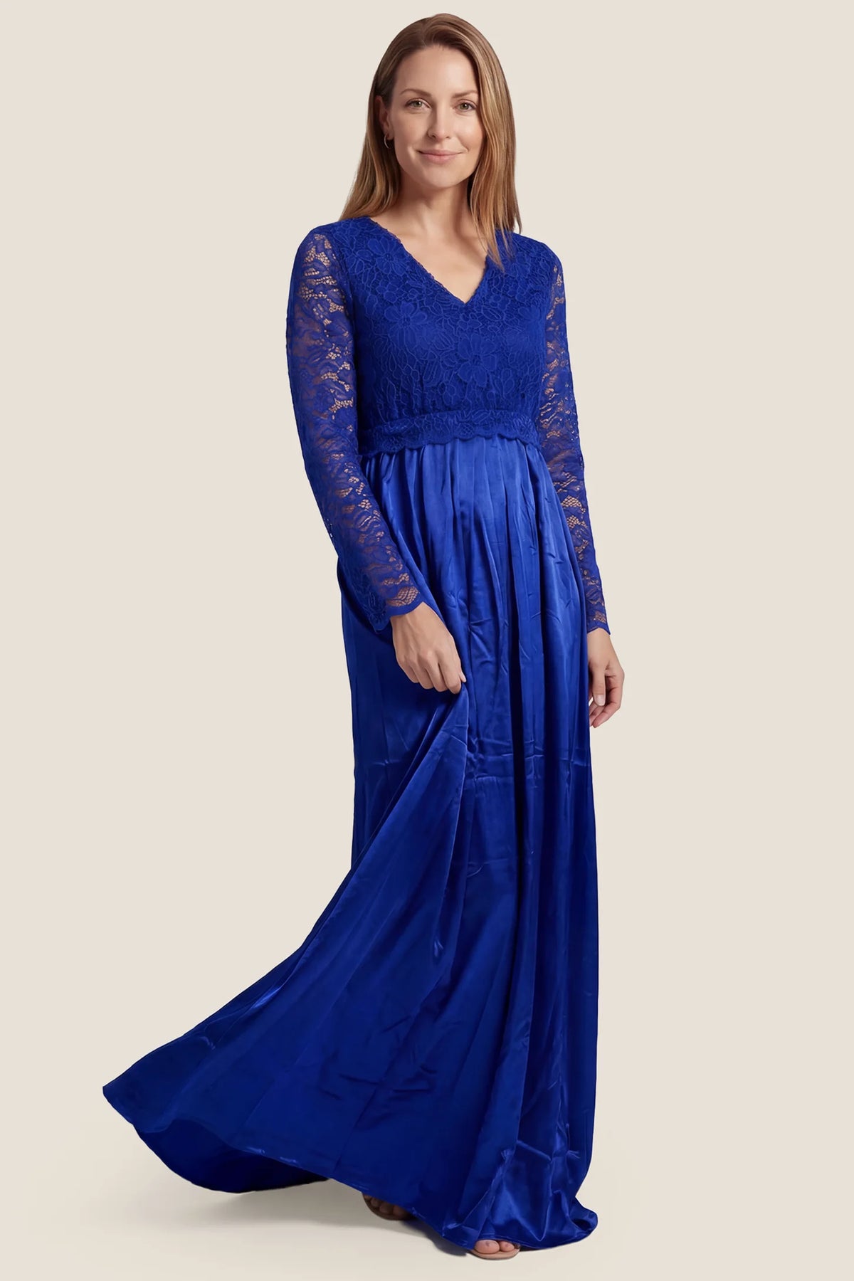 Lace-Spliced Silk Long Sleeve Maternity Gown