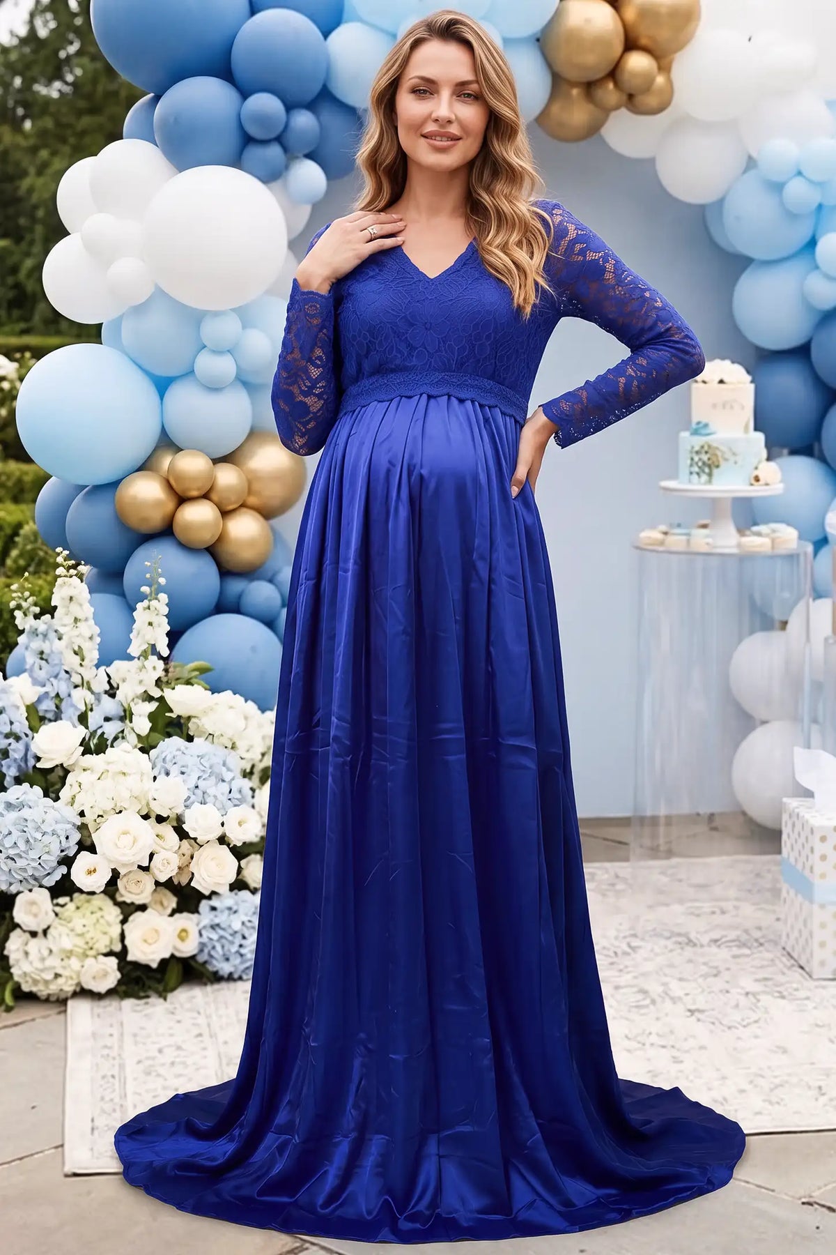 Lace-Spliced Silk Long Sleeve Maternity Gown