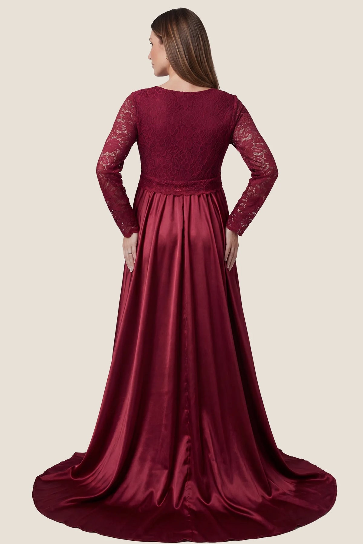 Lace-Spliced Silk Long Sleeve Maternity Gown