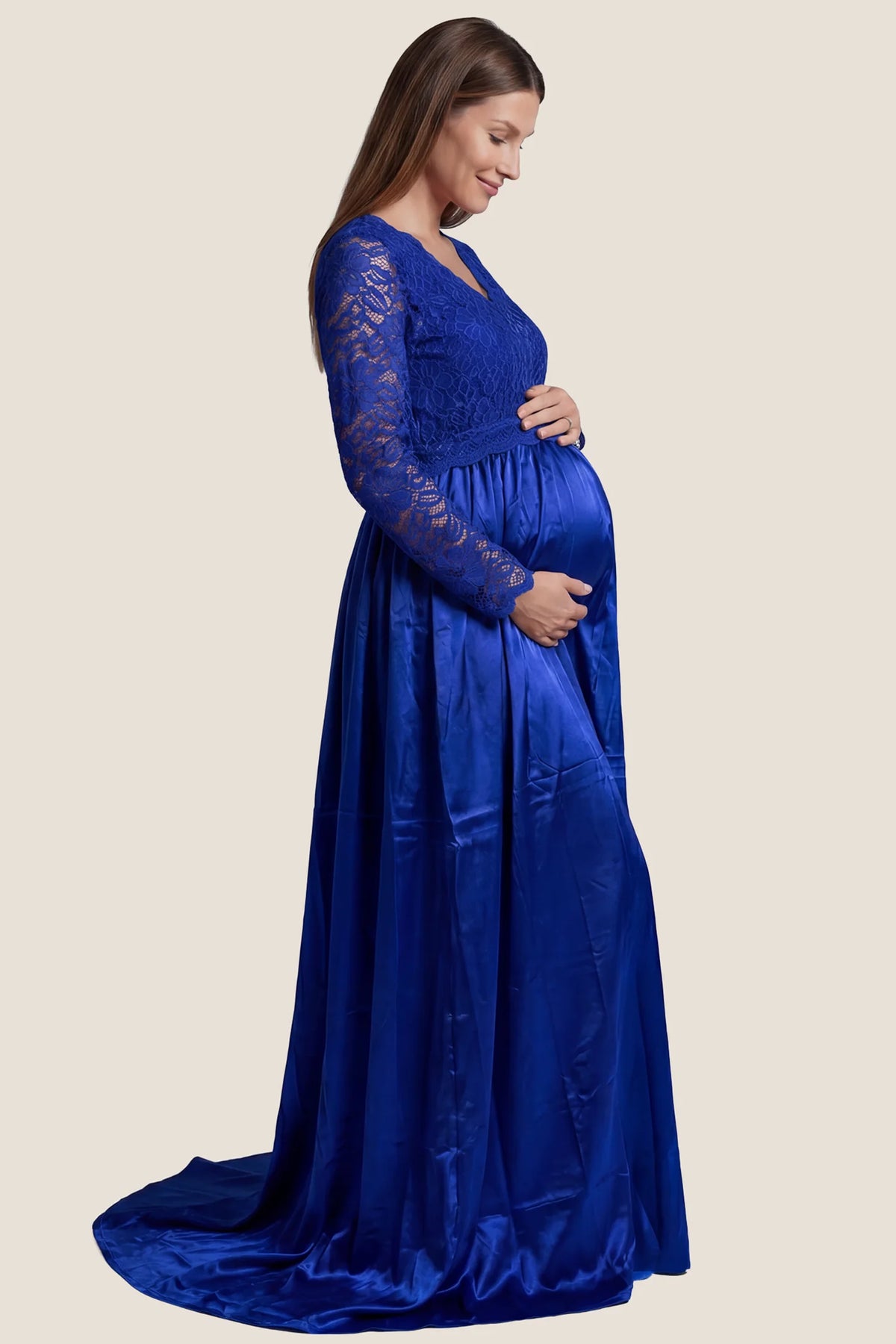 Lace-Spliced Silk Long Sleeve Maternity Gown